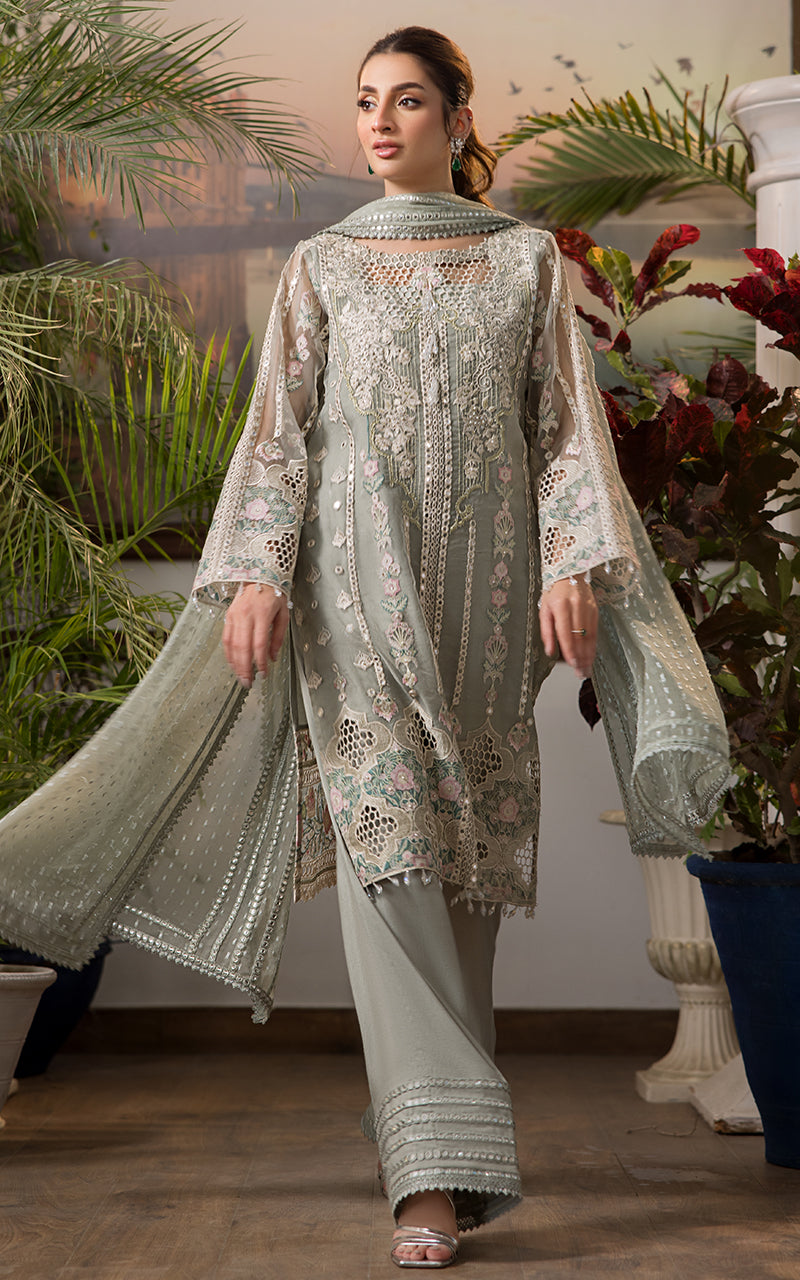 Pakistani Sage Green Embroidered Khaddi Jacquard 3-Piece Suit - Image 4