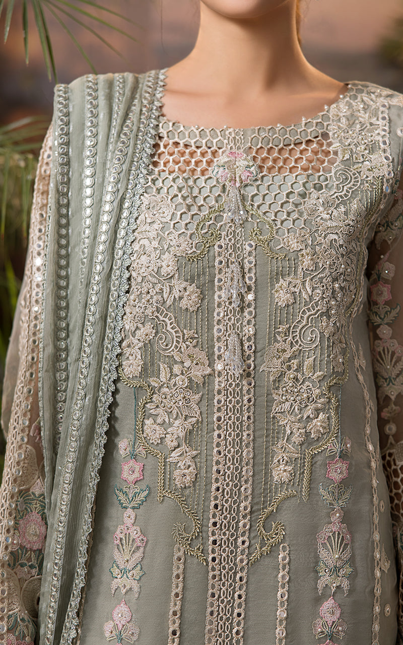 Pakistani Sage Green Embroidered Khaddi Jacquard 3-Piece Suit - Image 5