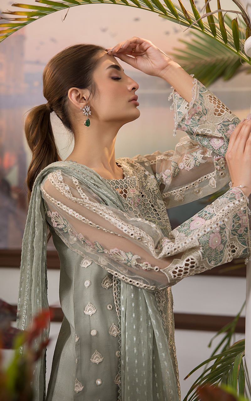 Pakistani Sage Green Embroidered Khaddi Jacquard 3-Piece Suit - Image 6