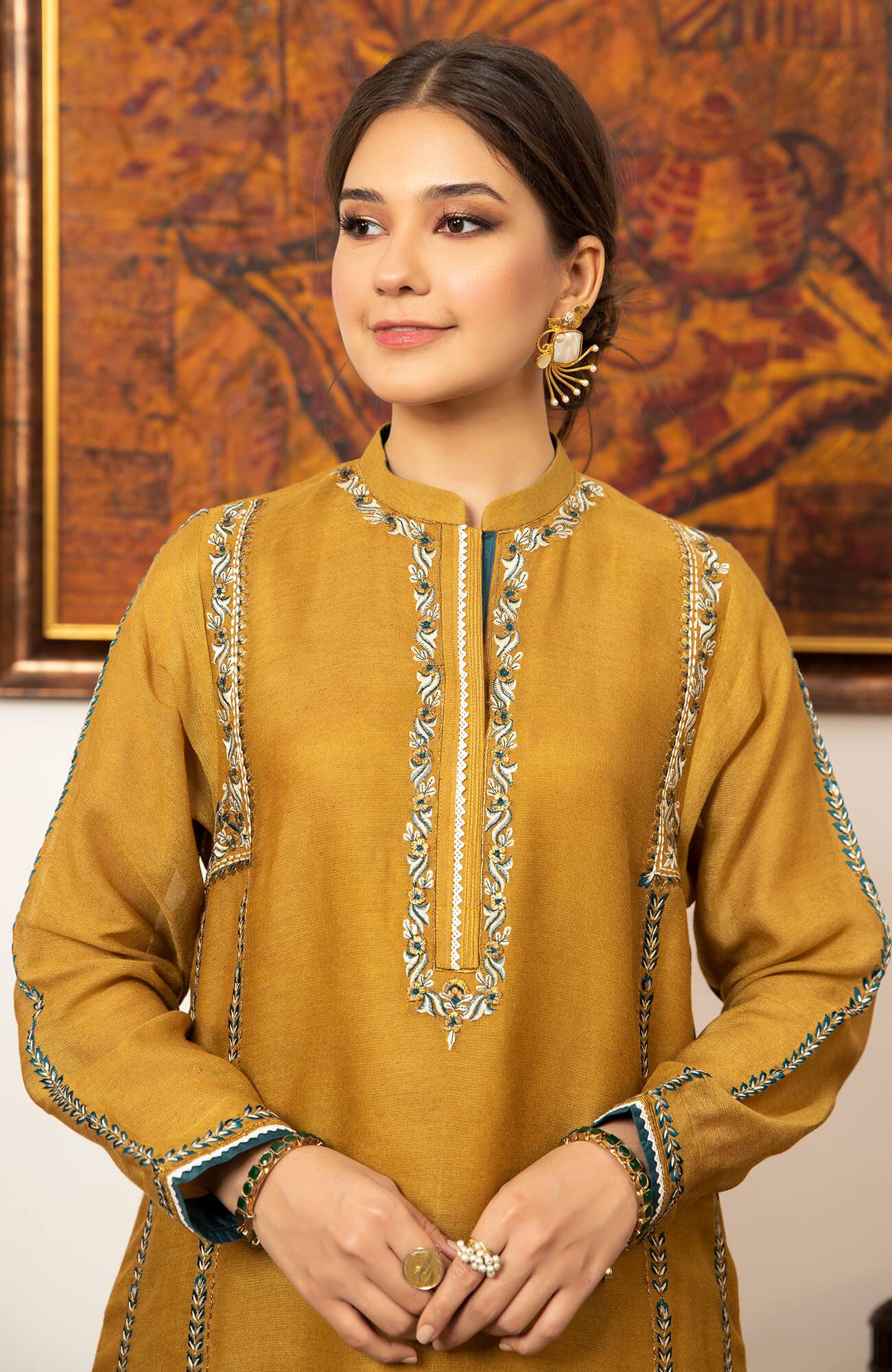 Pakistani Mehendi Green Embroidered Khaddi Net Kurta (2-Piece) - Image 4