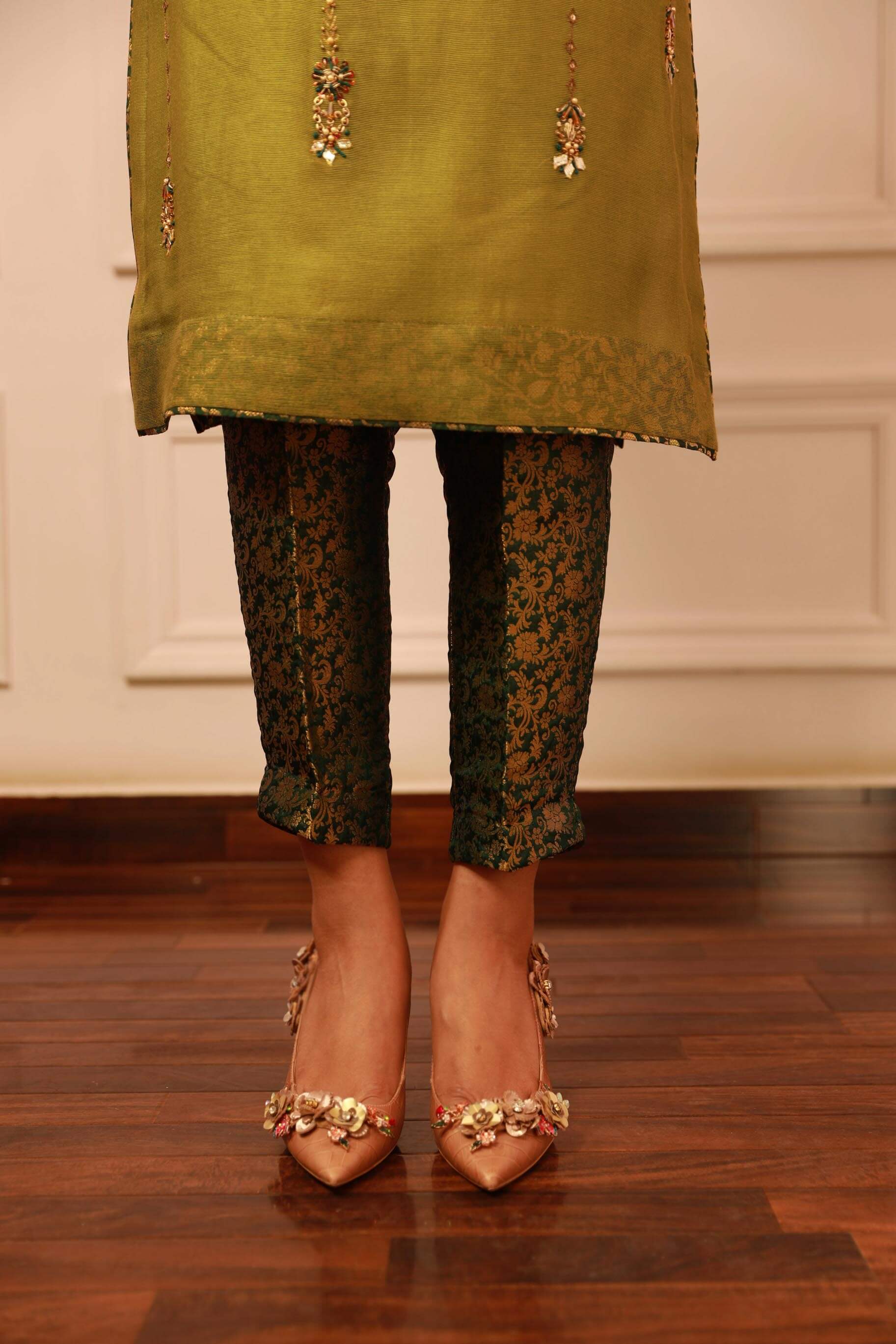 Dhaani Green Handworked Khaddi Net Kurta (2-Piece) - Image 1