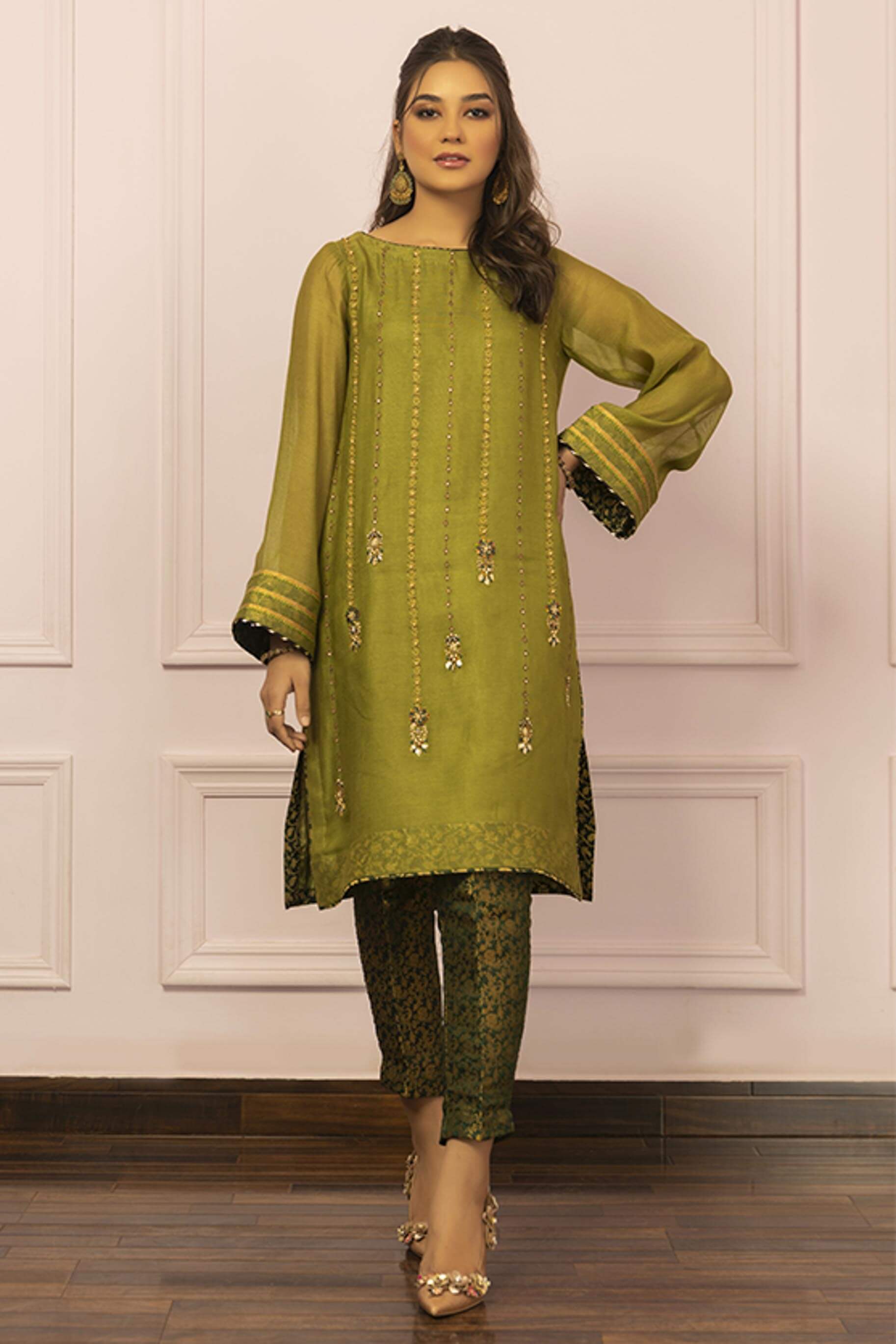 Dhaani Green Handworked Khaddi Net Kurta (2-Piece) - Image 2