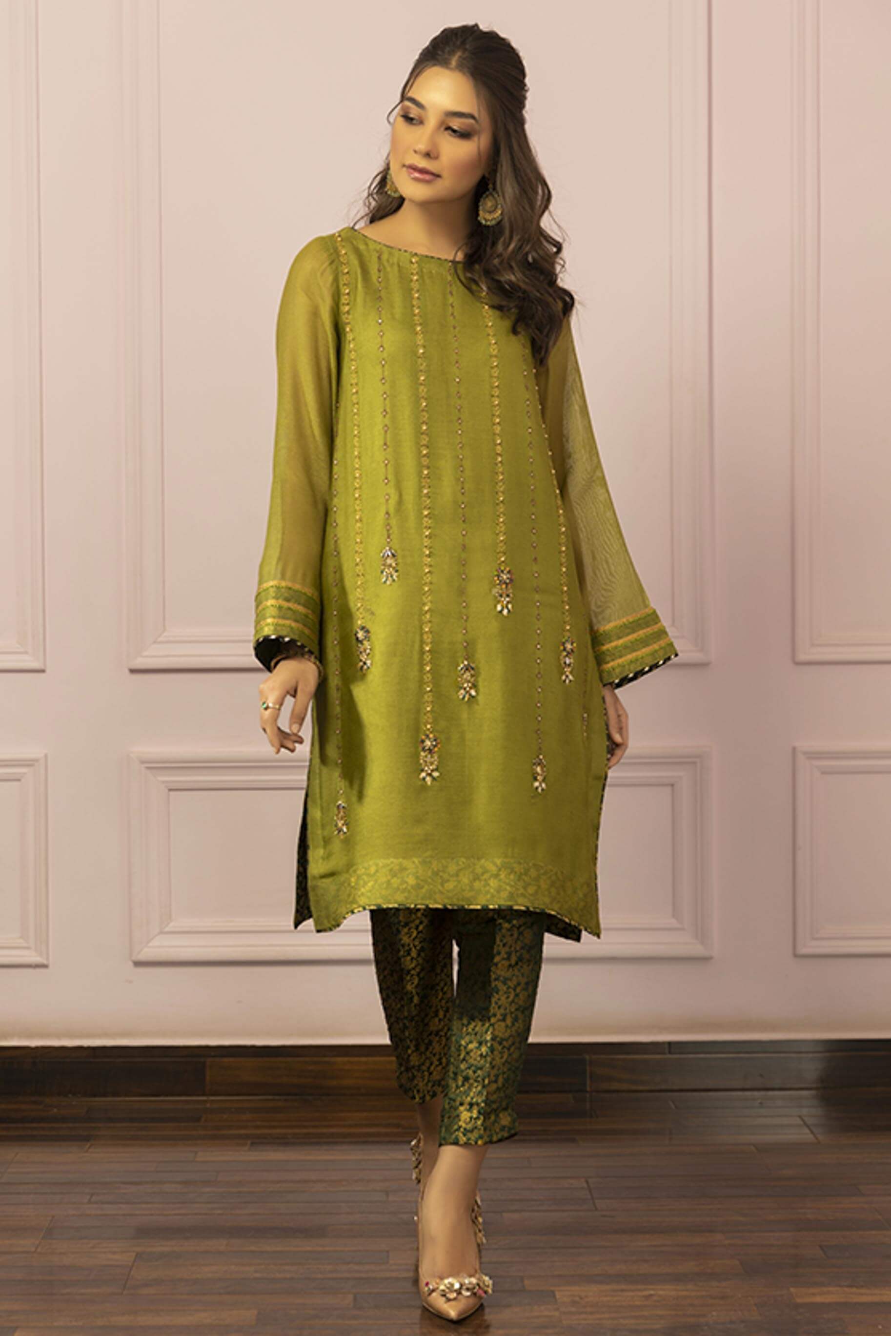 Dhaani Green Handworked Khaddi Net Kurta (2-Piece) - Image 4