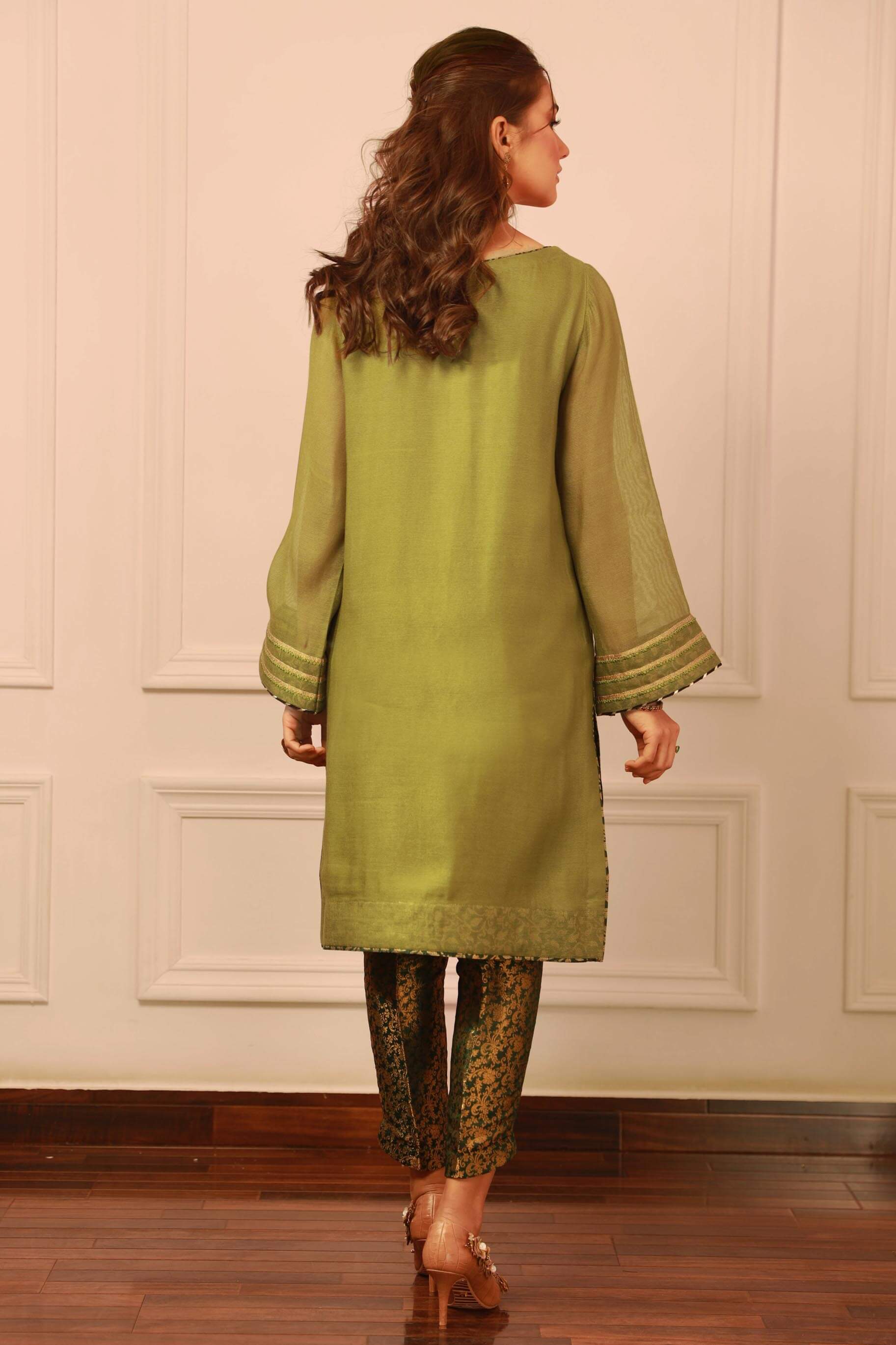 Dhaani Green Handworked Khaddi Net Kurta (2-Piece) - Image 5
