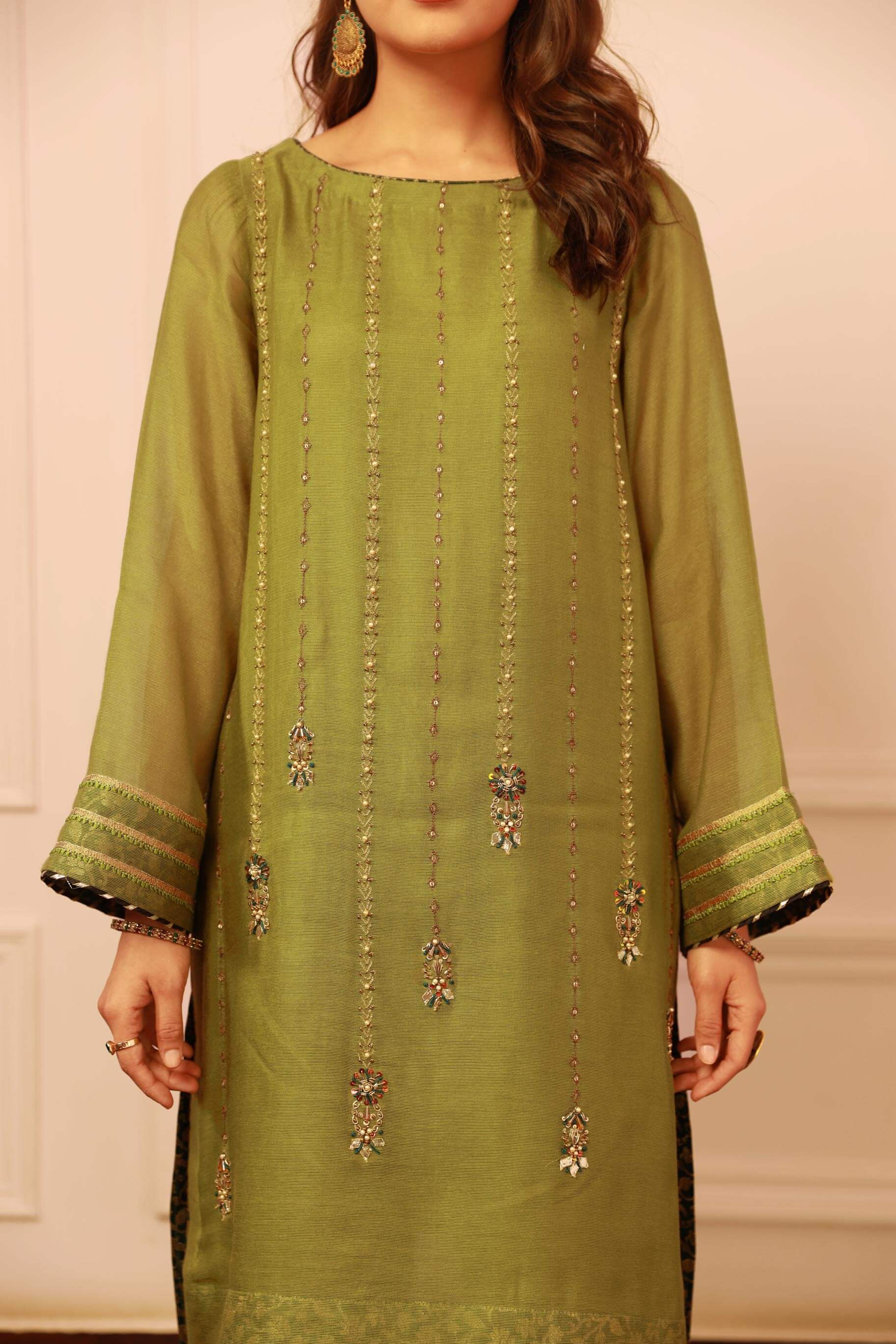 Dhaani Green Handworked Khaddi Net Kurta (2-Piece) - Image 6