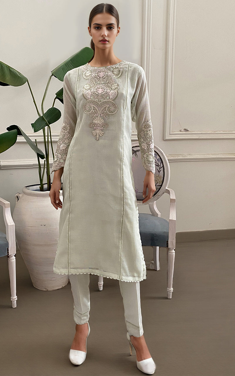 Pistachio Embroidered Khaddi Net Tunic (2-Piece) - Image 1