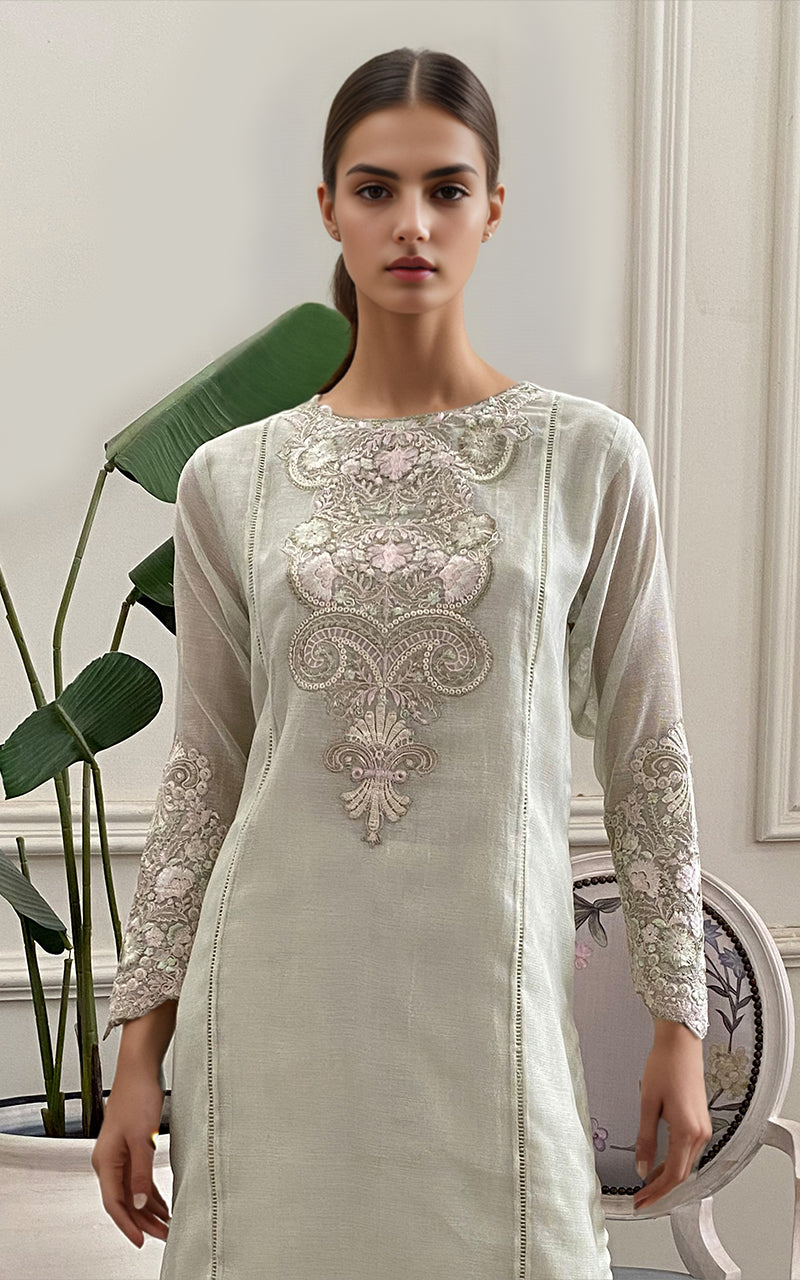 Pistachio Embroidered Khaddi Net Tunic (2-Piece) - Image 2