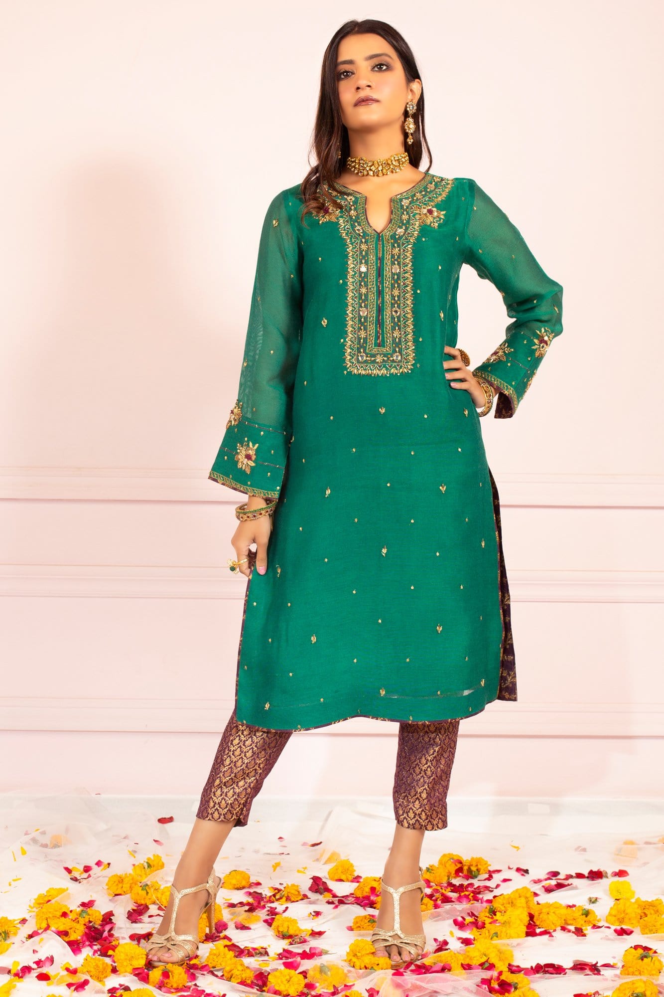 Green Zardozi Sheesha Khaddi Net Kurti (3-Piece) - Image 2
