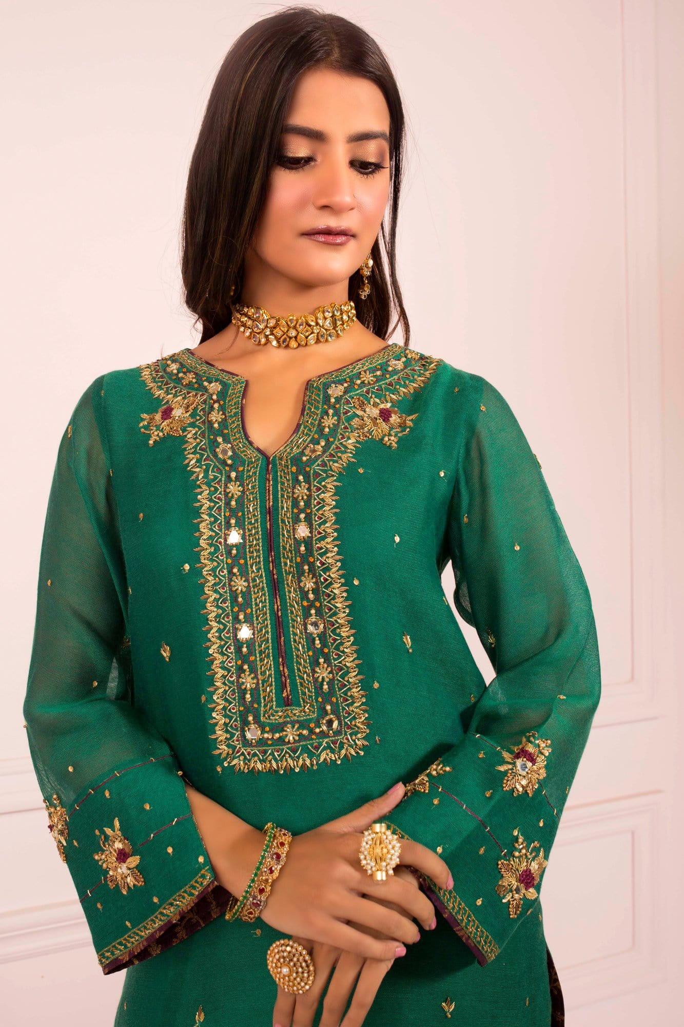 Green Zardozi Sheesha Khaddi Net Kurti (3-Piece) - Image 4