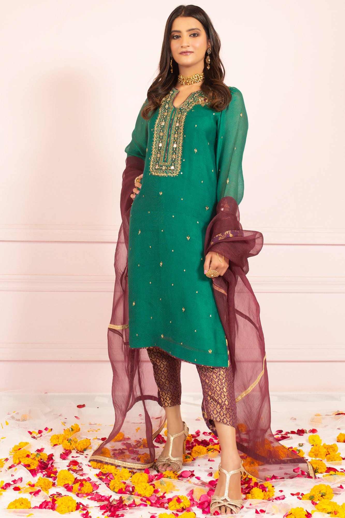 Green Zardozi Sheesha Khaddi Net Kurti (3-Piece) - Image 5