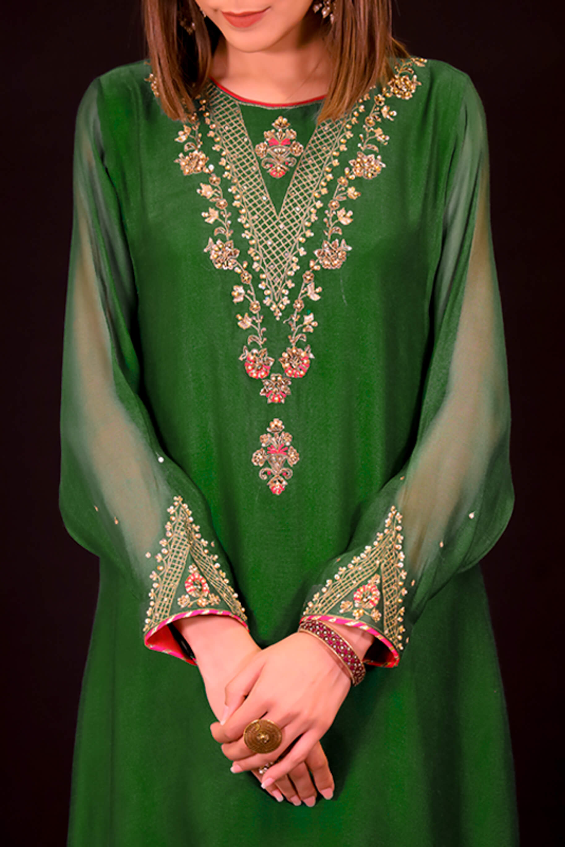 Pakistani Bright Green Embroidered Khaddi Net Kurti (2-Piece) - Image 1