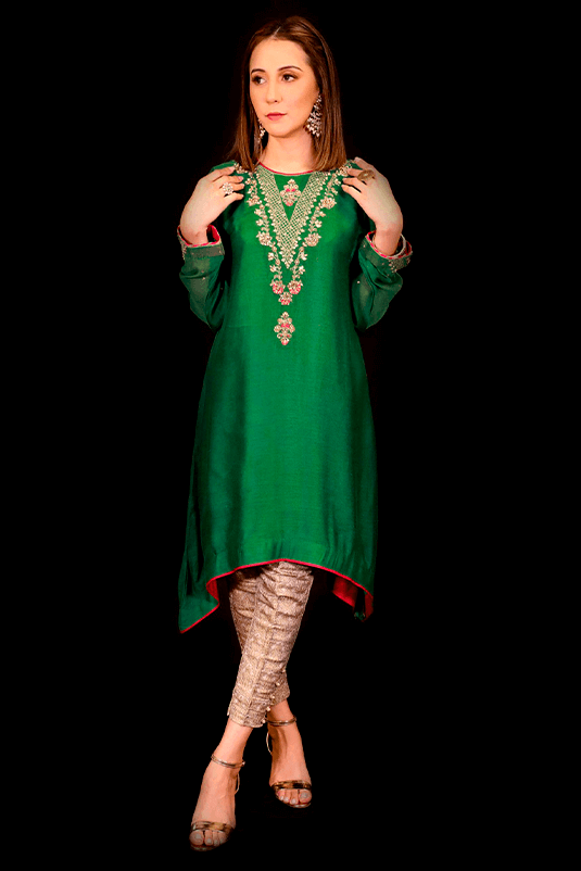 Pakistani Bright Green Embroidered Khaddi Net Kurti (2-Piece) - Image 2