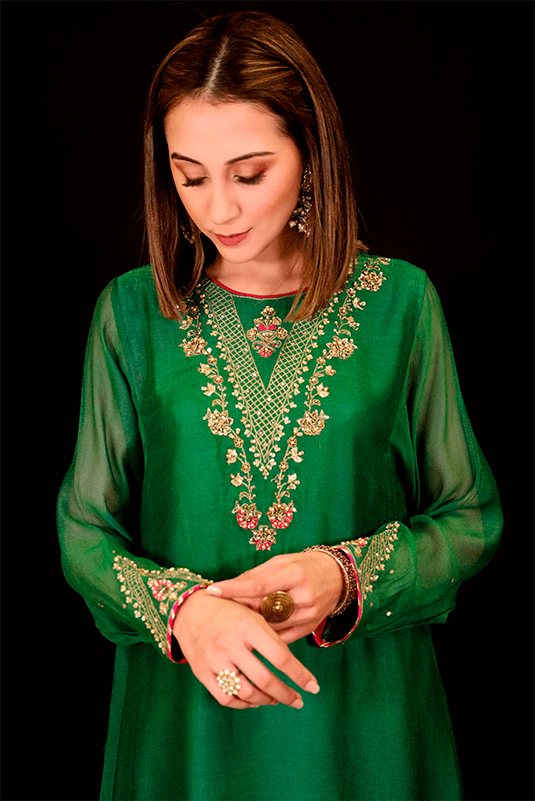 Pakistani Bright Green Embroidered Khaddi Net Kurti (2-Piece) - Image 3