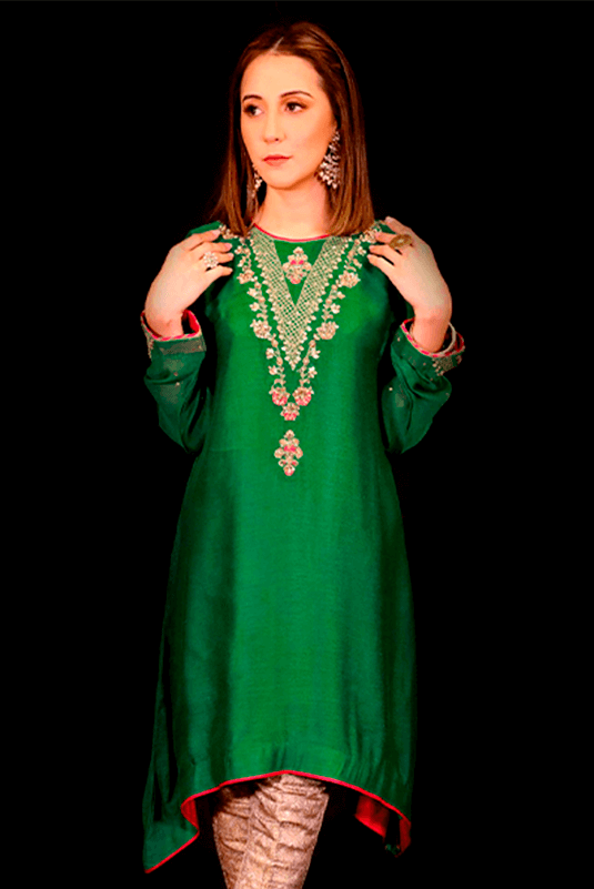 Pakistani Bright Green Embroidered Khaddi Net Kurti (2-Piece) - Image 4