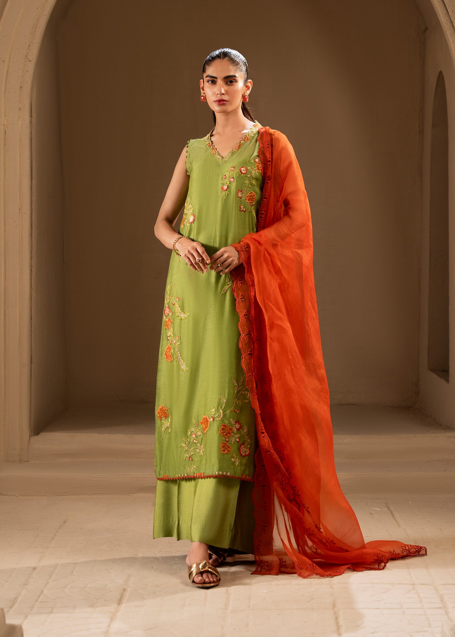 Kiwi Green Embroidered Khaddi Silk Salwar Kameez (3-Piece) - Image 1