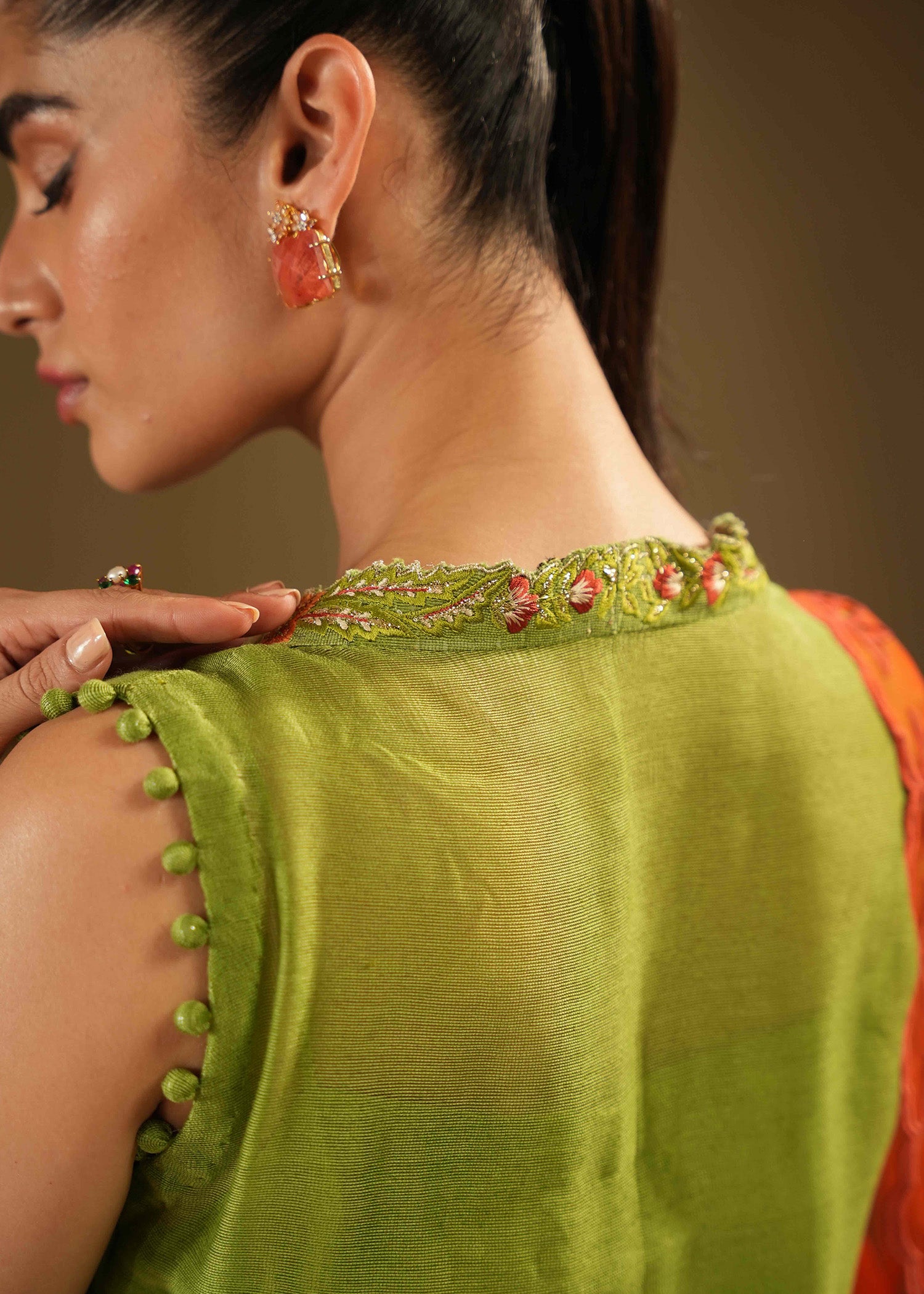 Kiwi Green Embroidered Khaddi Silk Salwar Kameez (3-Piece) - Image 2