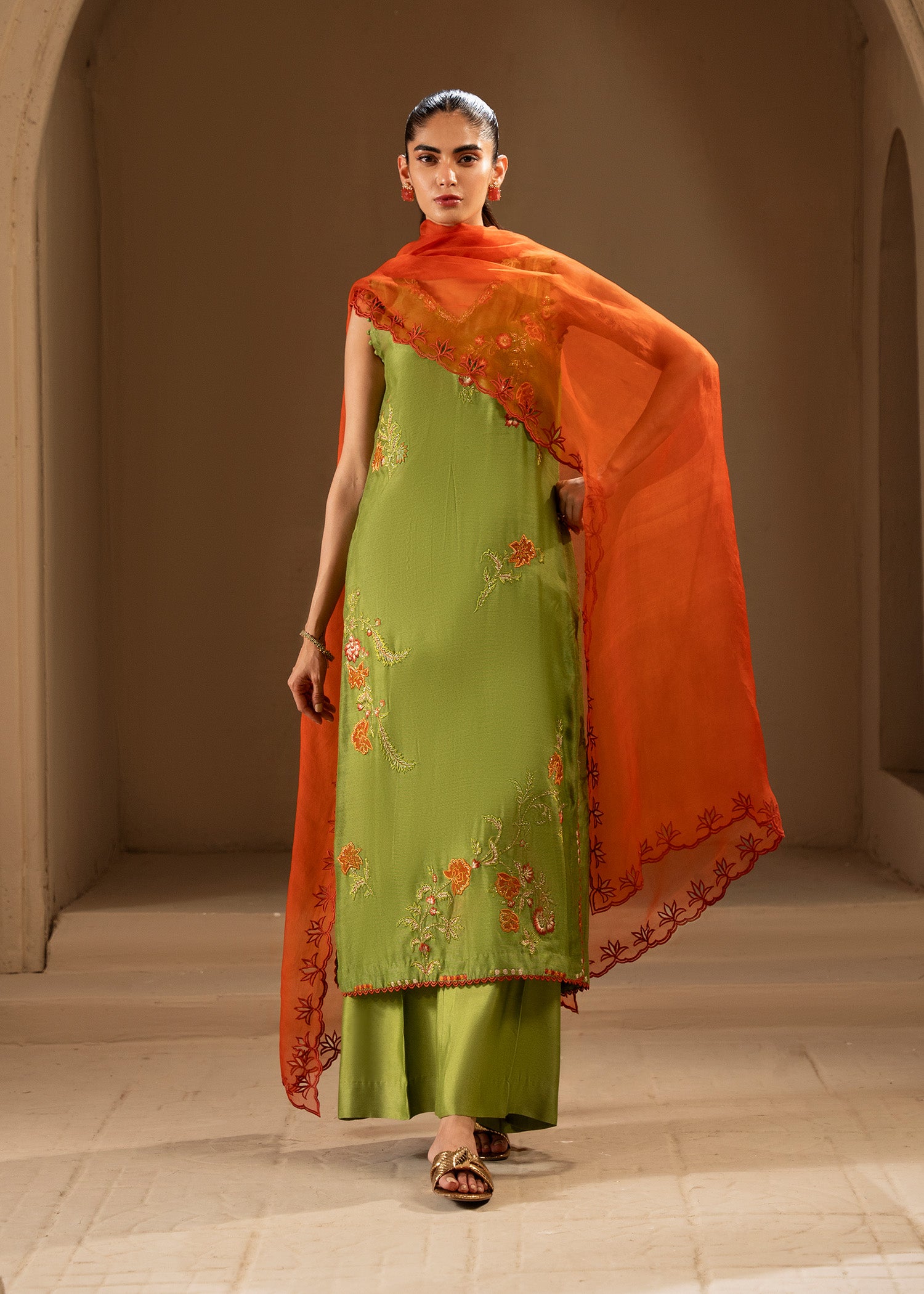 Kiwi Green Embroidered Khaddi Silk Salwar Kameez (3-Piece) - Image 4