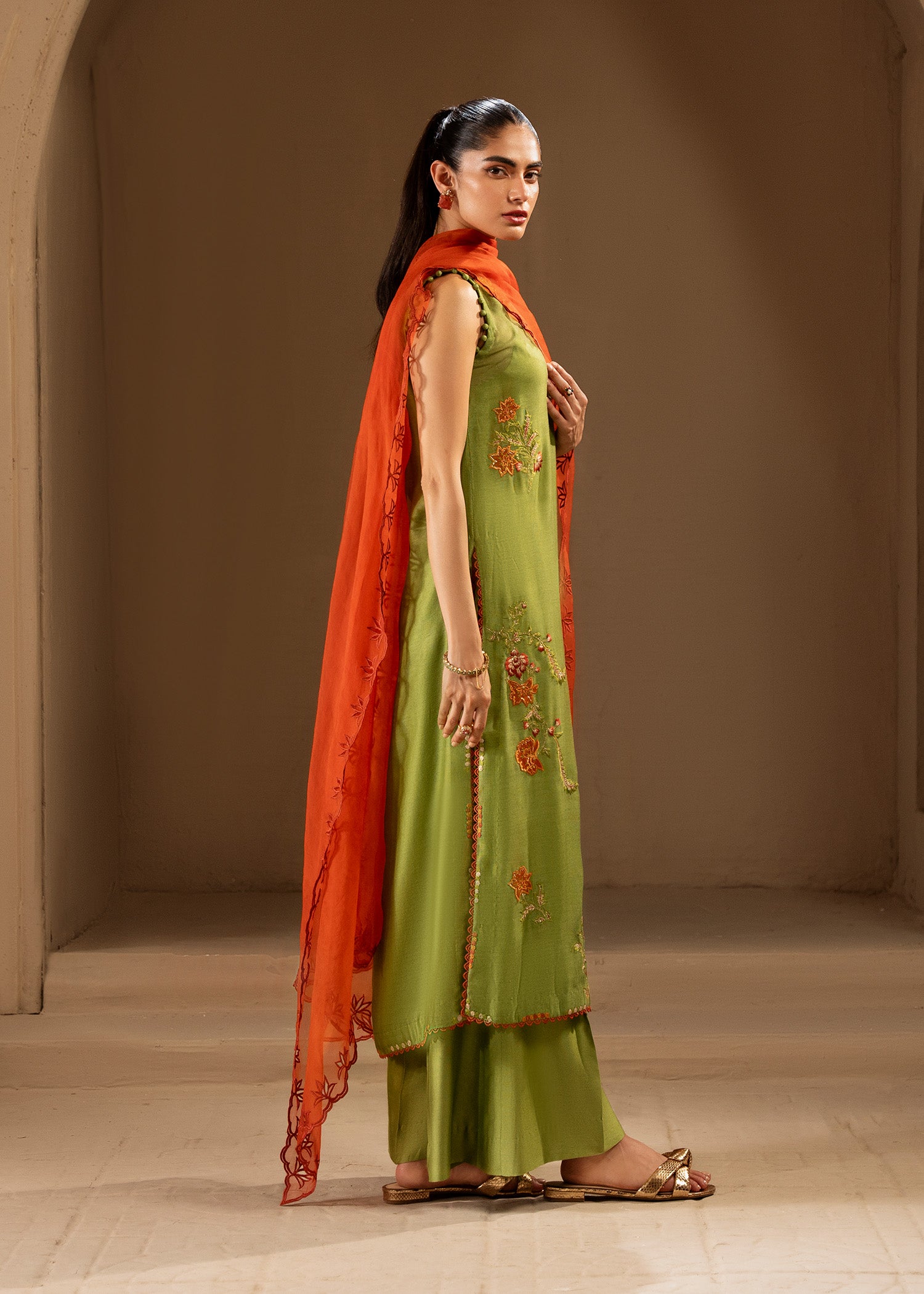 Kiwi Green Embroidered Khaddi Silk Salwar Kameez (3-Piece) - Image 5