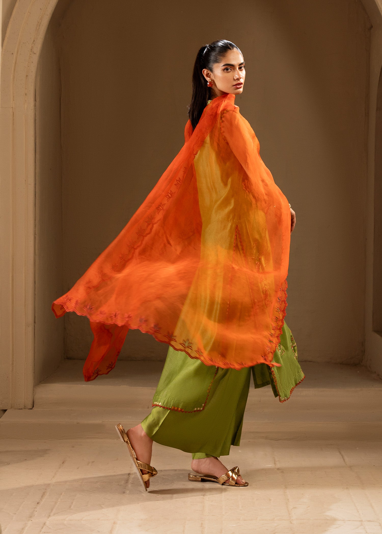 Kiwi Green Embroidered Khaddi Silk Salwar Kameez (3-Piece) - Image 6