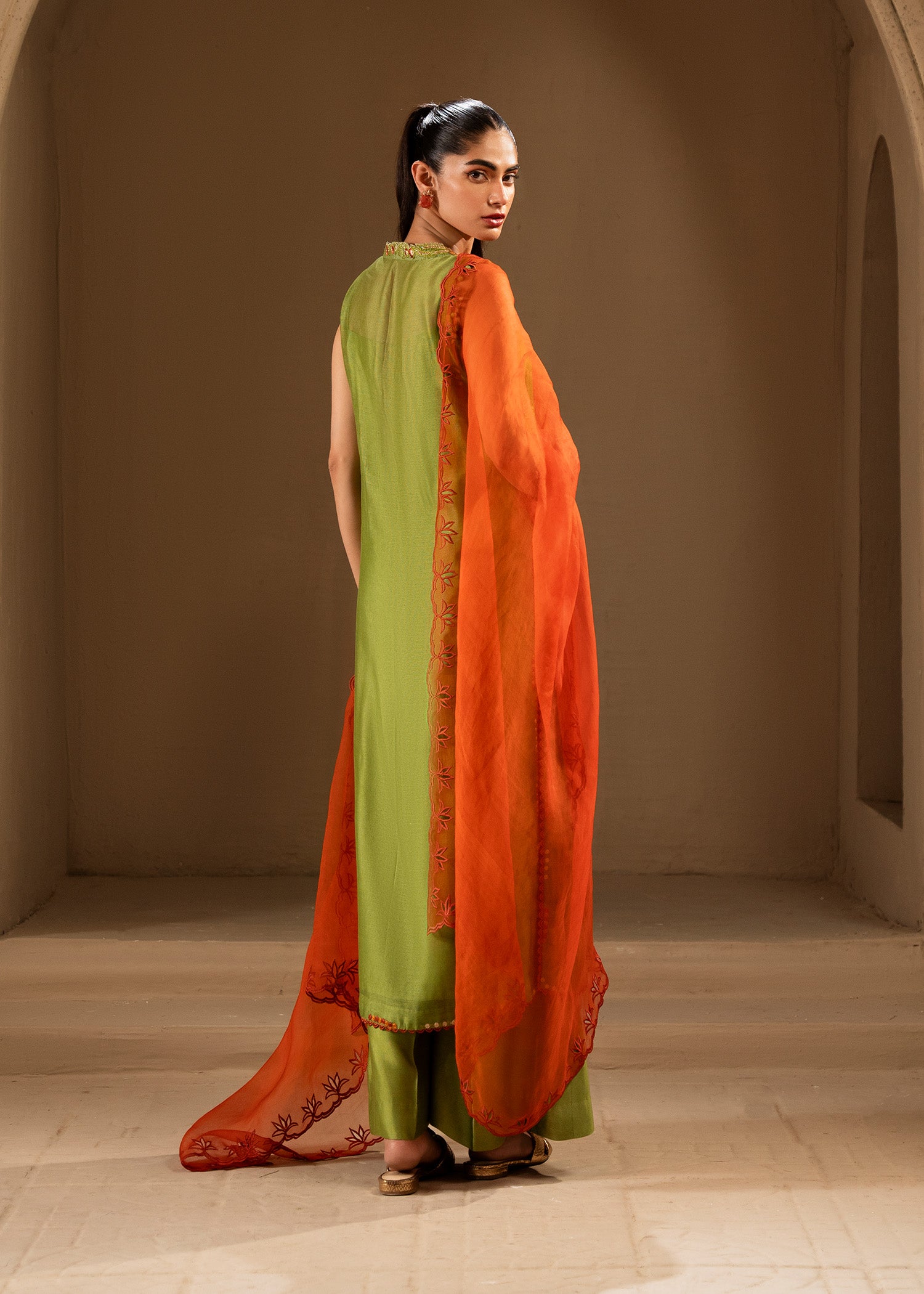 Kiwi Green Embroidered Khaddi Silk Salwar Kameez (3-Piece) - Image 7