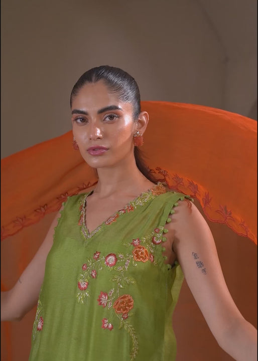 Kiwi Green Embroidered Khaddi Silk Salwar Kameez (3-Piece) - Image 9