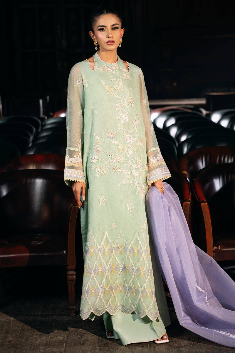 Pakistani Pistachio Green Embroidered Khaddi Silk Salwar Kameez (3-Piece) - Image 1