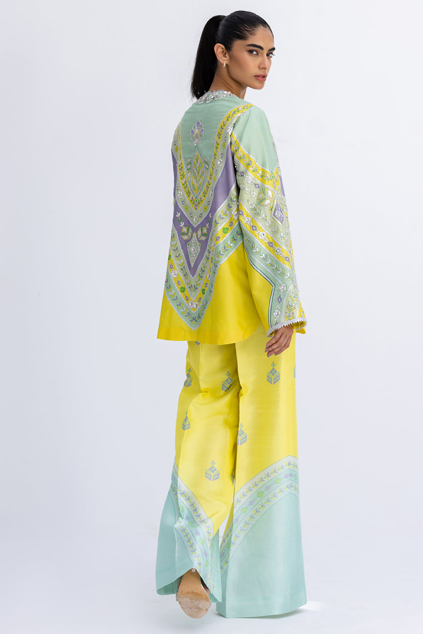 Pakistani Mint Green Zardozi Khaddi Silk Jacket & Trousers (2-Piece) - Image 2