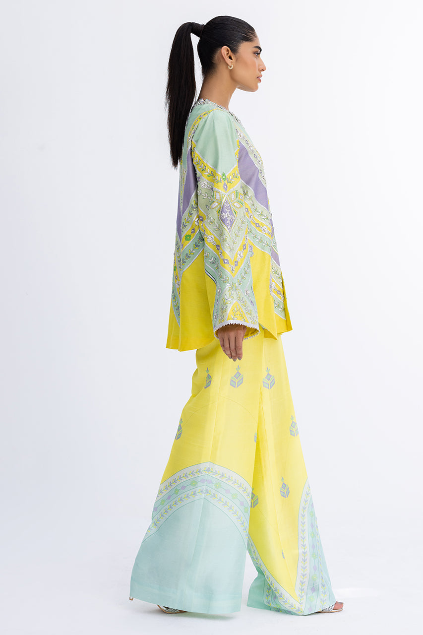 Pakistani Mint Green Zardozi Khaddi Silk Jacket & Trousers (2-Piece) - Image 3