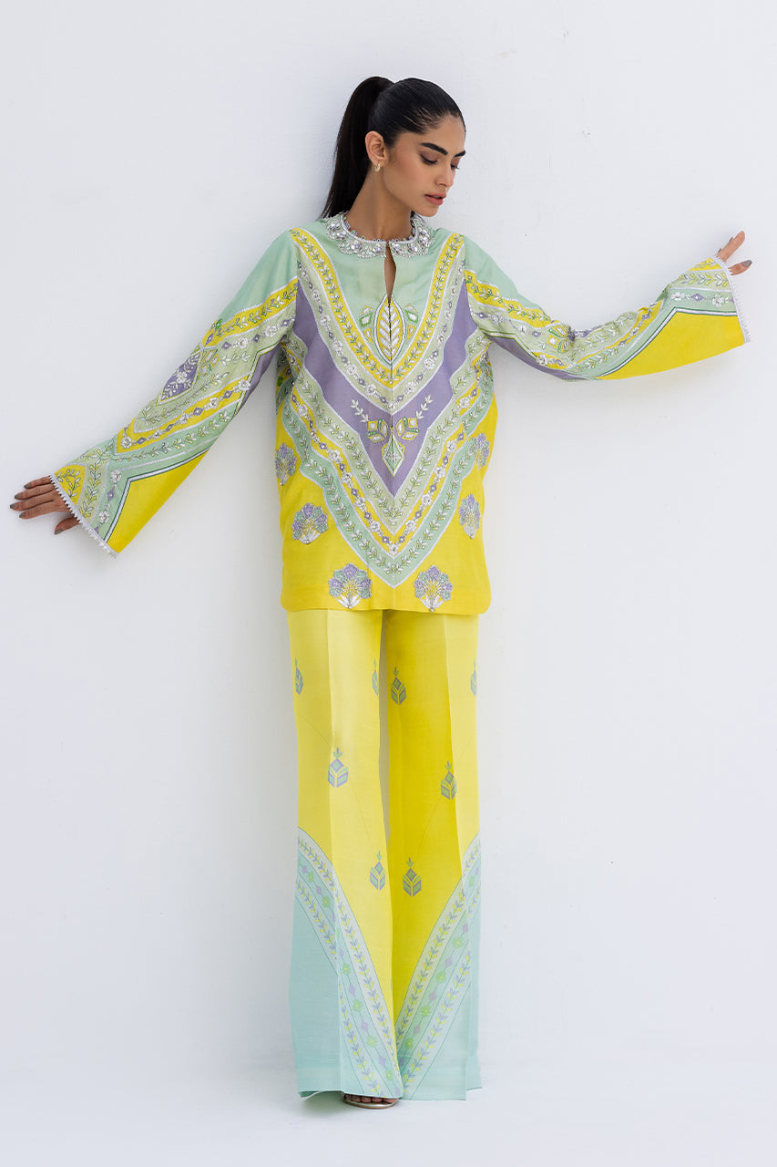Pakistani Mint Green Zardozi Khaddi Silk Jacket & Trousers (2-Piece) - Image 4