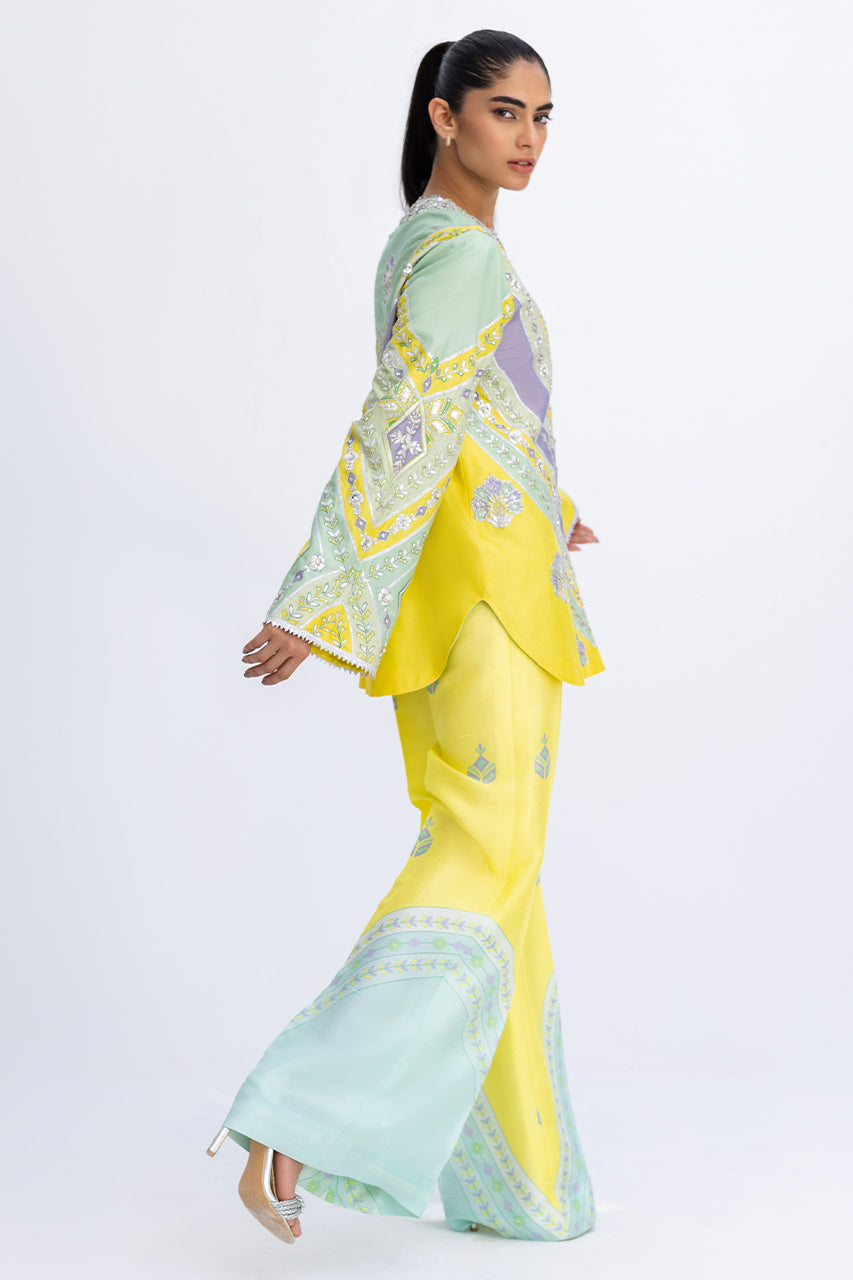 Pakistani Mint Green Zardozi Khaddi Silk Jacket & Trousers (2-Piece) - Image 5