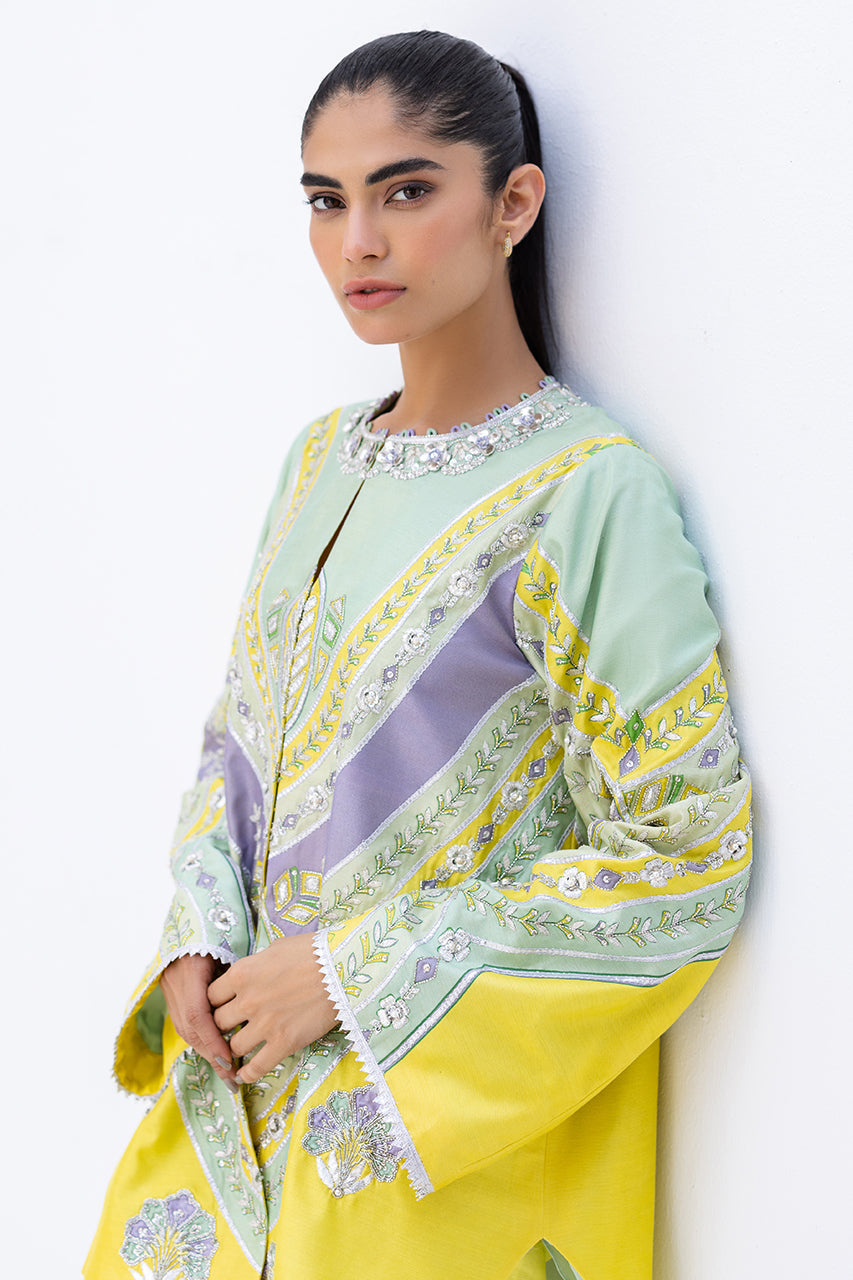 Pakistani Mint Green Zardozi Khaddi Silk Jacket & Trousers (2-Piece) - Image 6