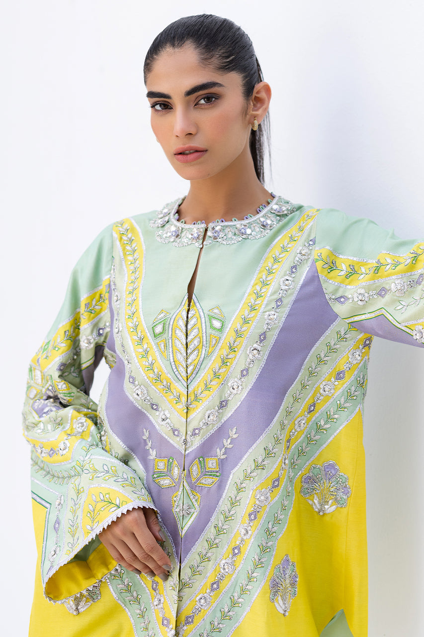 Pakistani Mint Green Zardozi Khaddi Silk Jacket & Trousers (2-Piece) - Image 7
