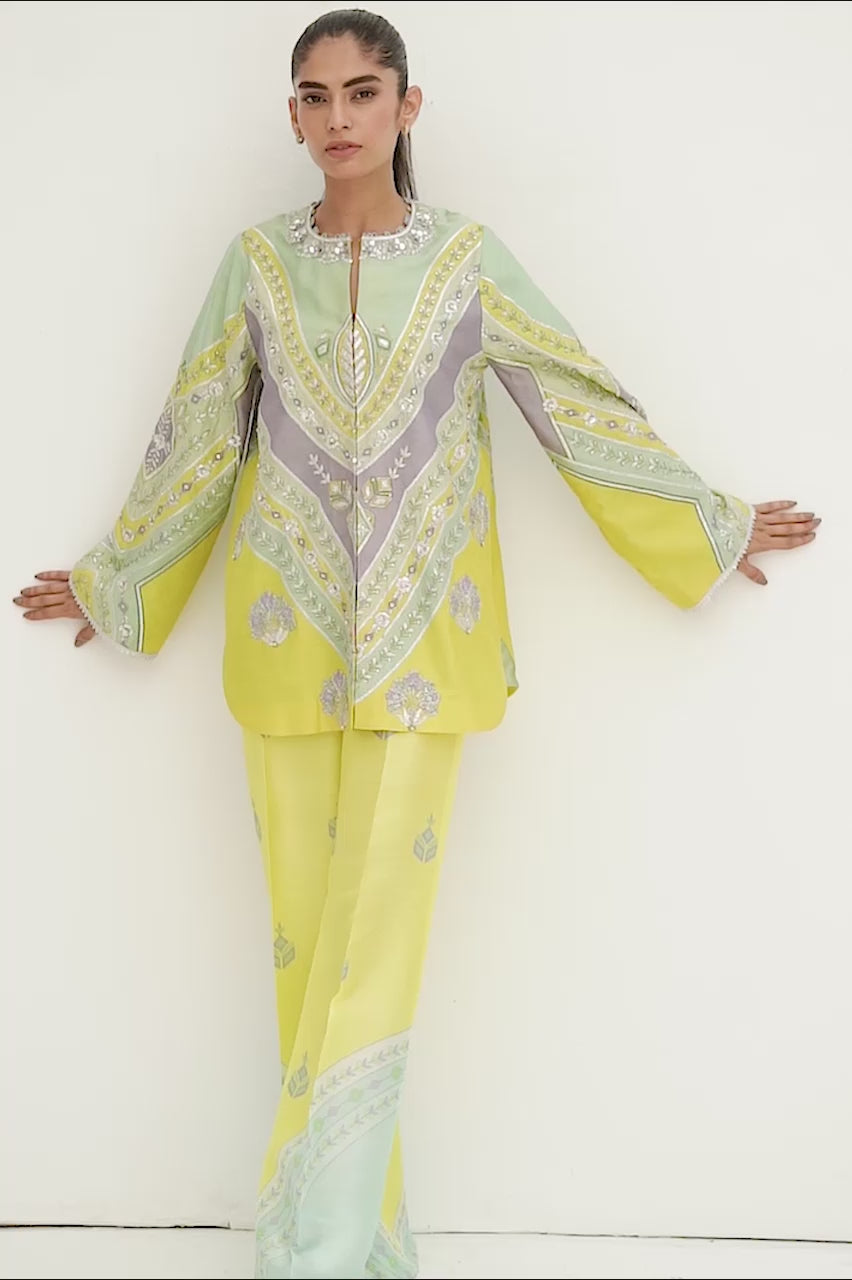 Pakistani Mint Green Zardozi Khaddi Silk Jacket & Trousers (2-Piece) - Image 8