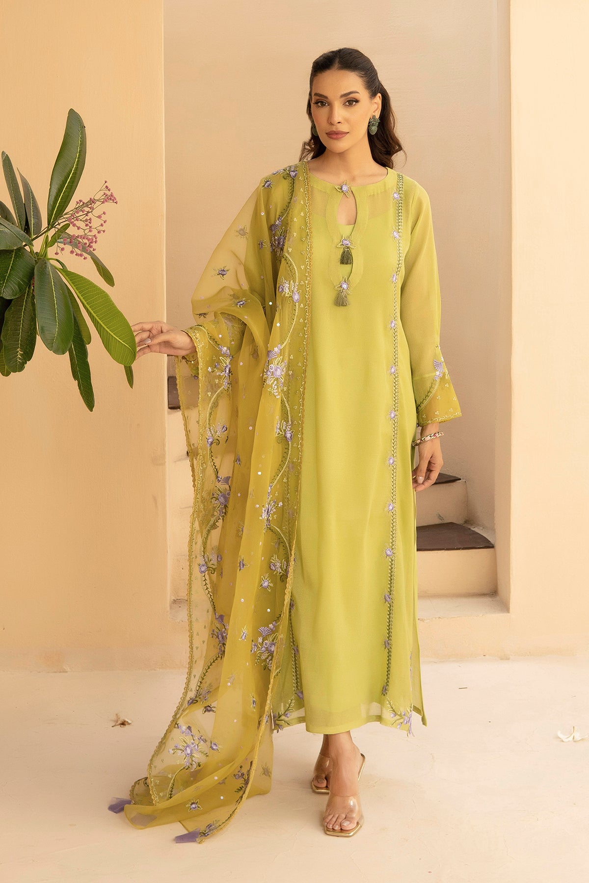 Pakistani Olive Green Embroidered Khadi Net Salwar Kameez (3-Piece) - Image 1