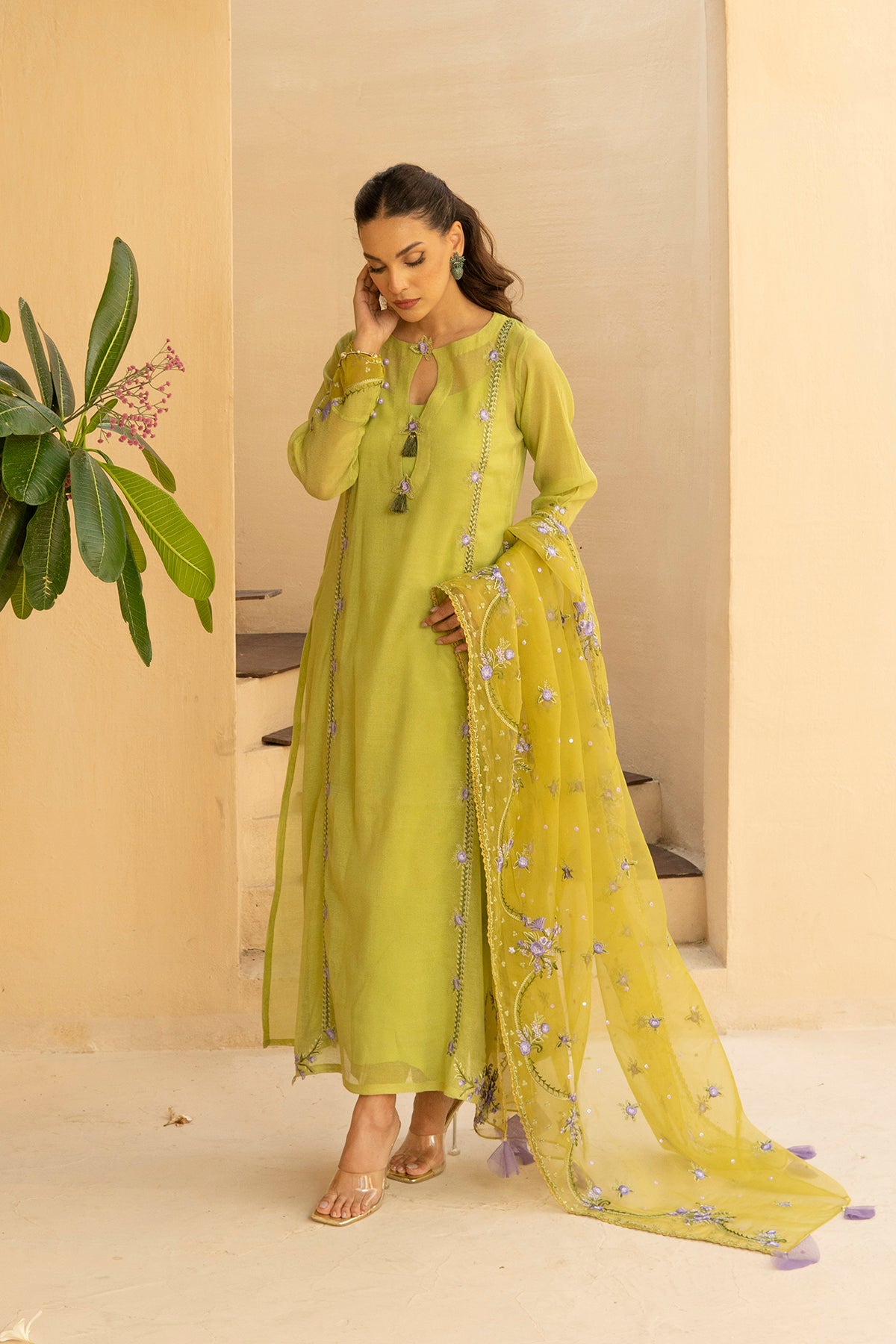 Pakistani Olive Green Embroidered Khadi Net Salwar Kameez (3-Piece) - Image 2