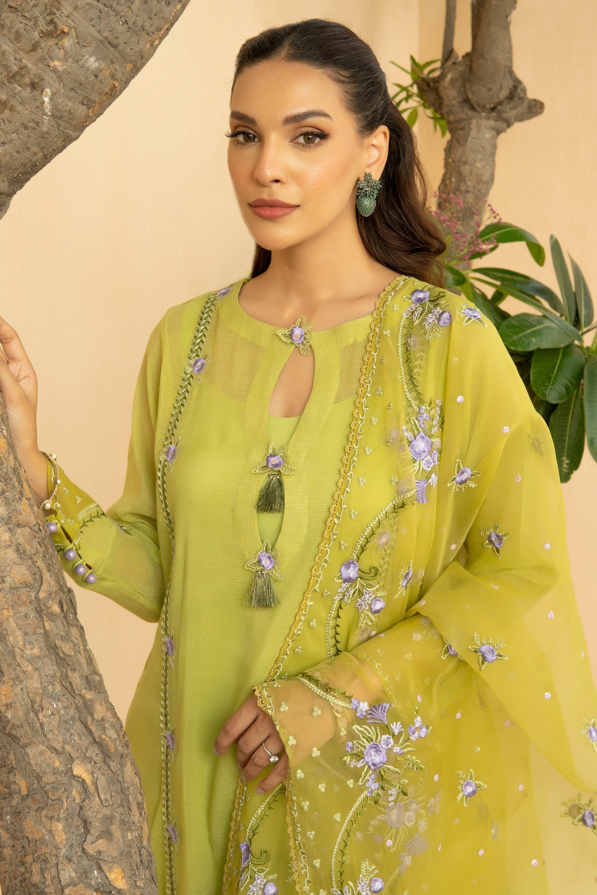 Pakistani Olive Green Embroidered Khadi Net Salwar Kameez (3-Piece) - Image 3