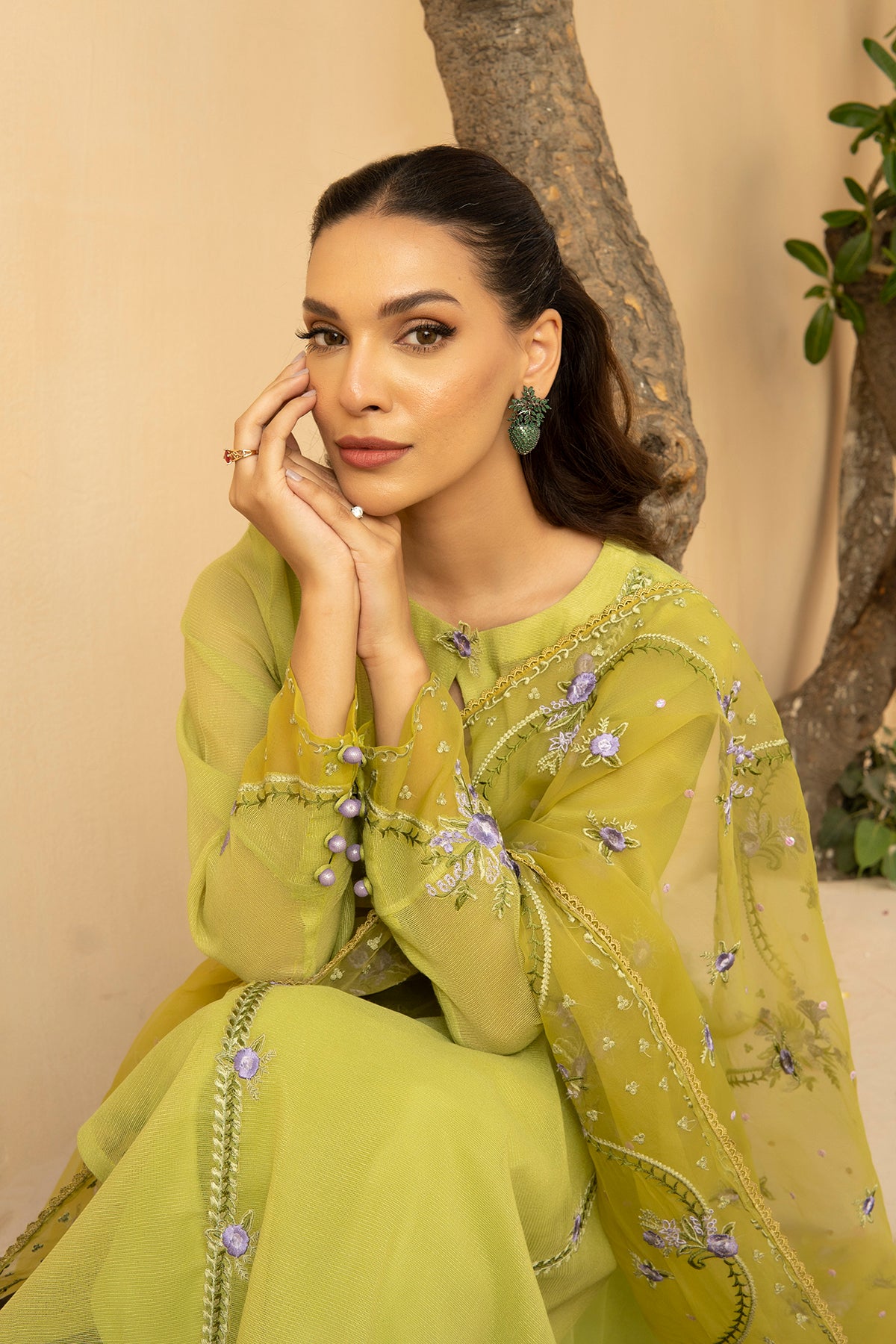 Pakistani Olive Green Embroidered Khadi Net Salwar Kameez (3-Piece) - Image 4