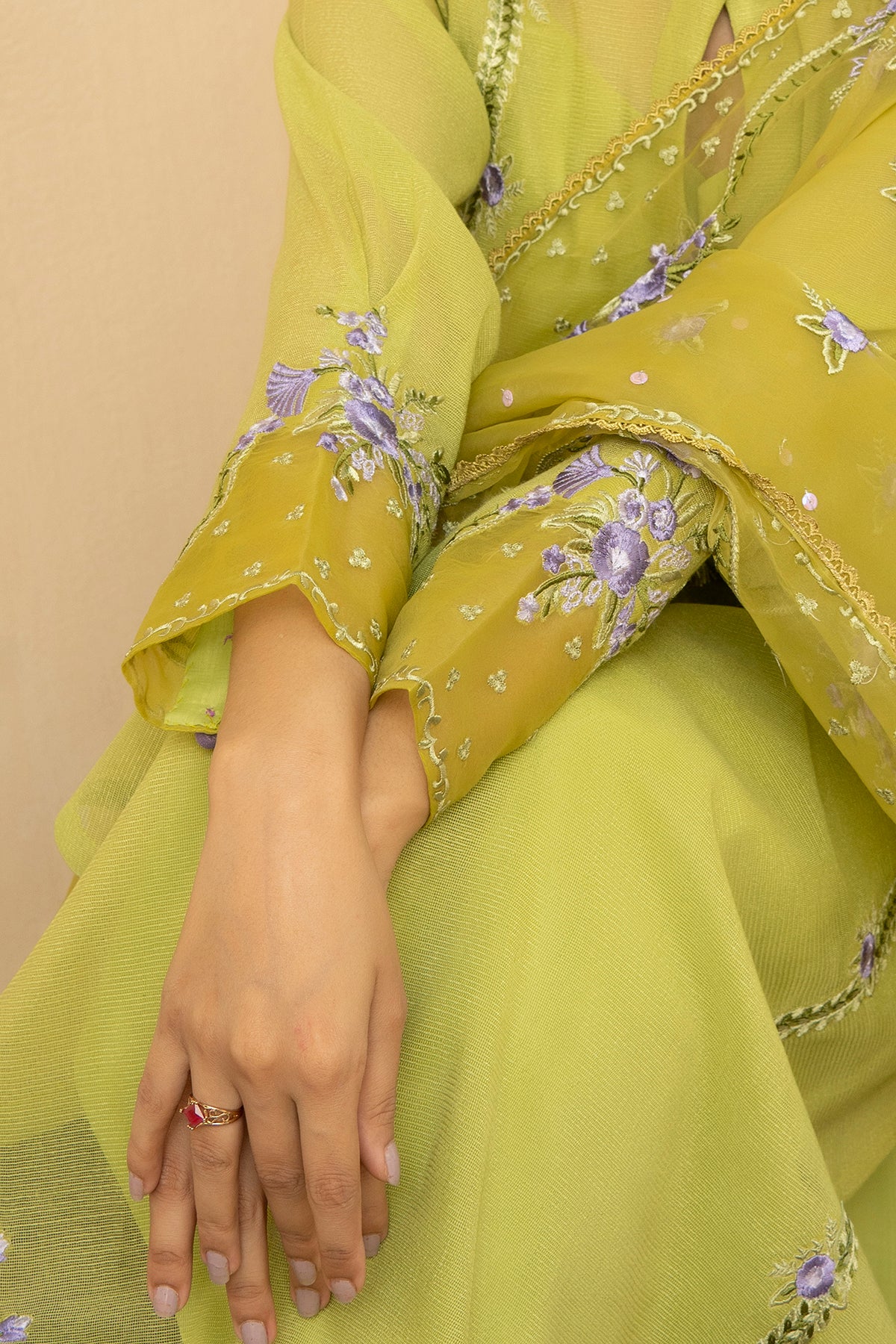 Pakistani Olive Green Embroidered Khadi Net Salwar Kameez (3-Piece) - Image 5