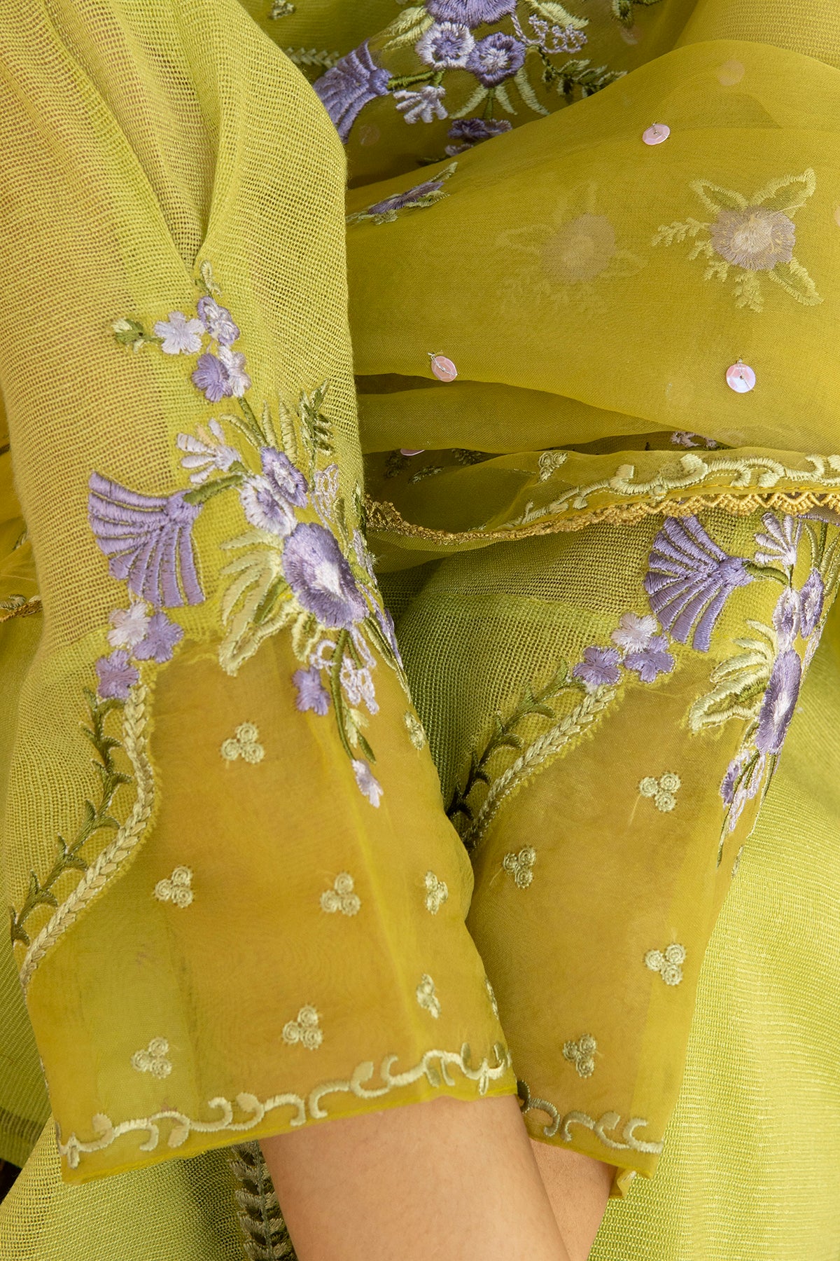 Pakistani Olive Green Embroidered Khadi Net Salwar Kameez (3-Piece) - Image 6