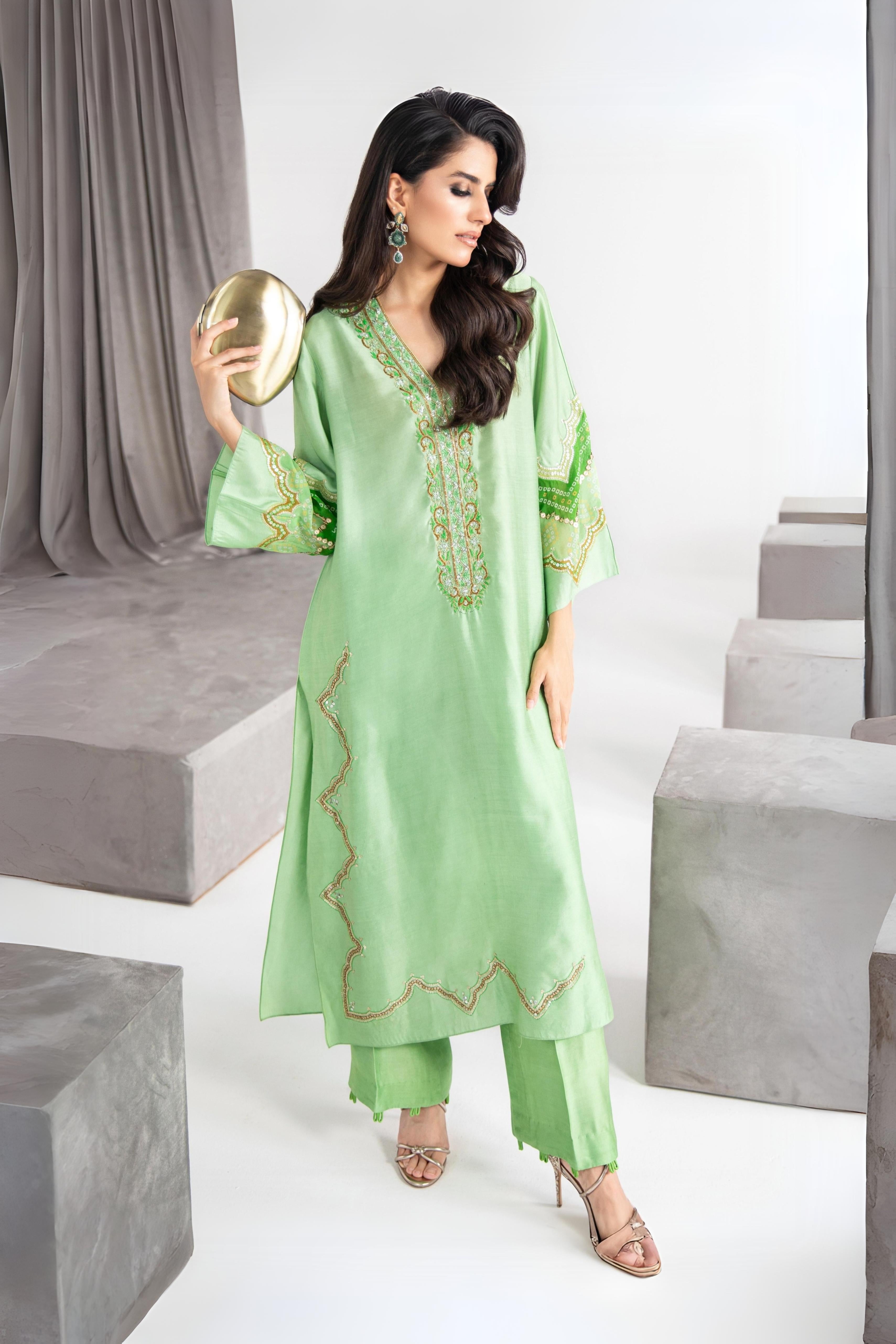 Pakistani Soft Green Embroidered Khadi Silk Tunic Set (2-Piece) - Image 1