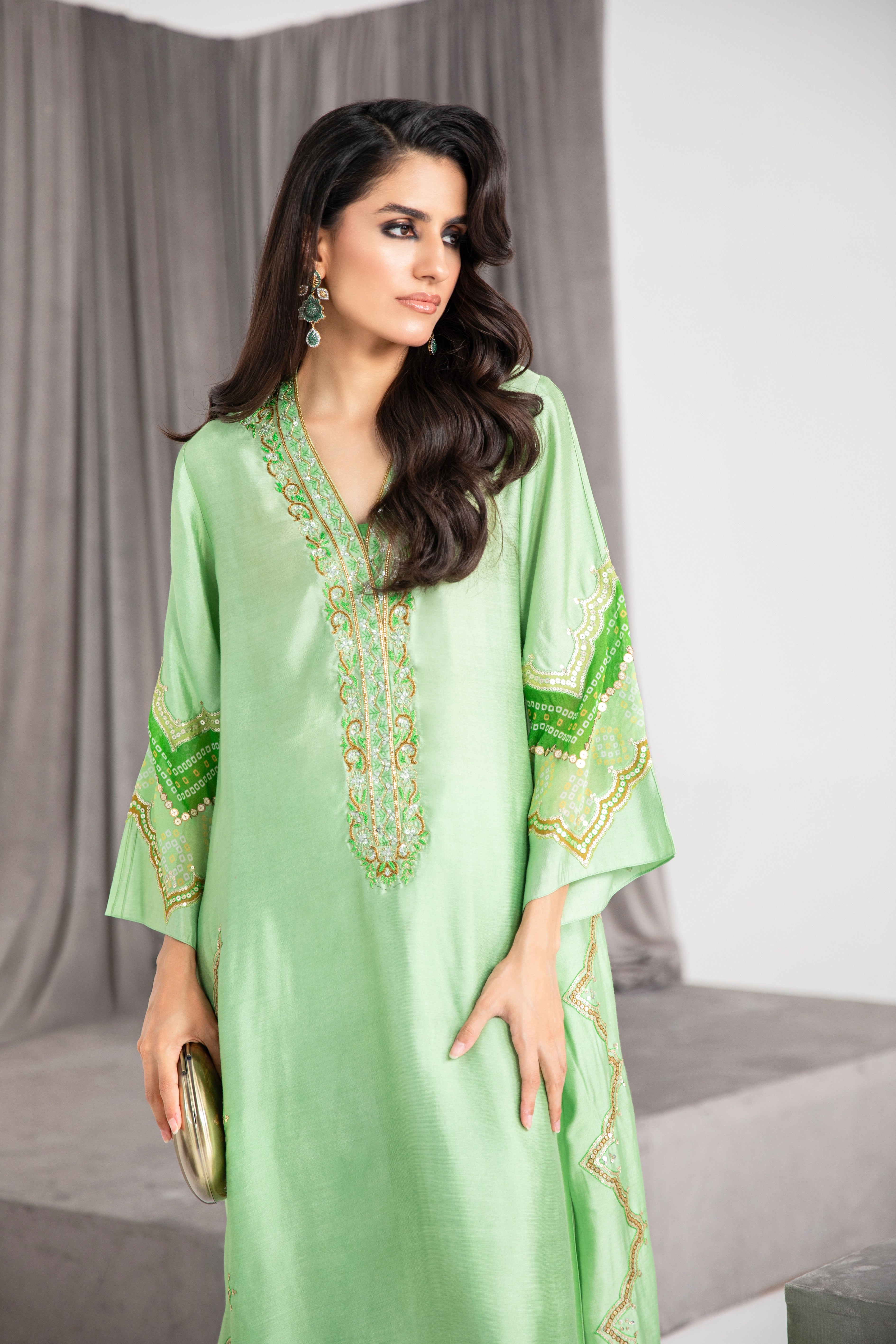 Pakistani Soft Green Embroidered Khadi Silk Tunic Set (2-Piece) - Image 2