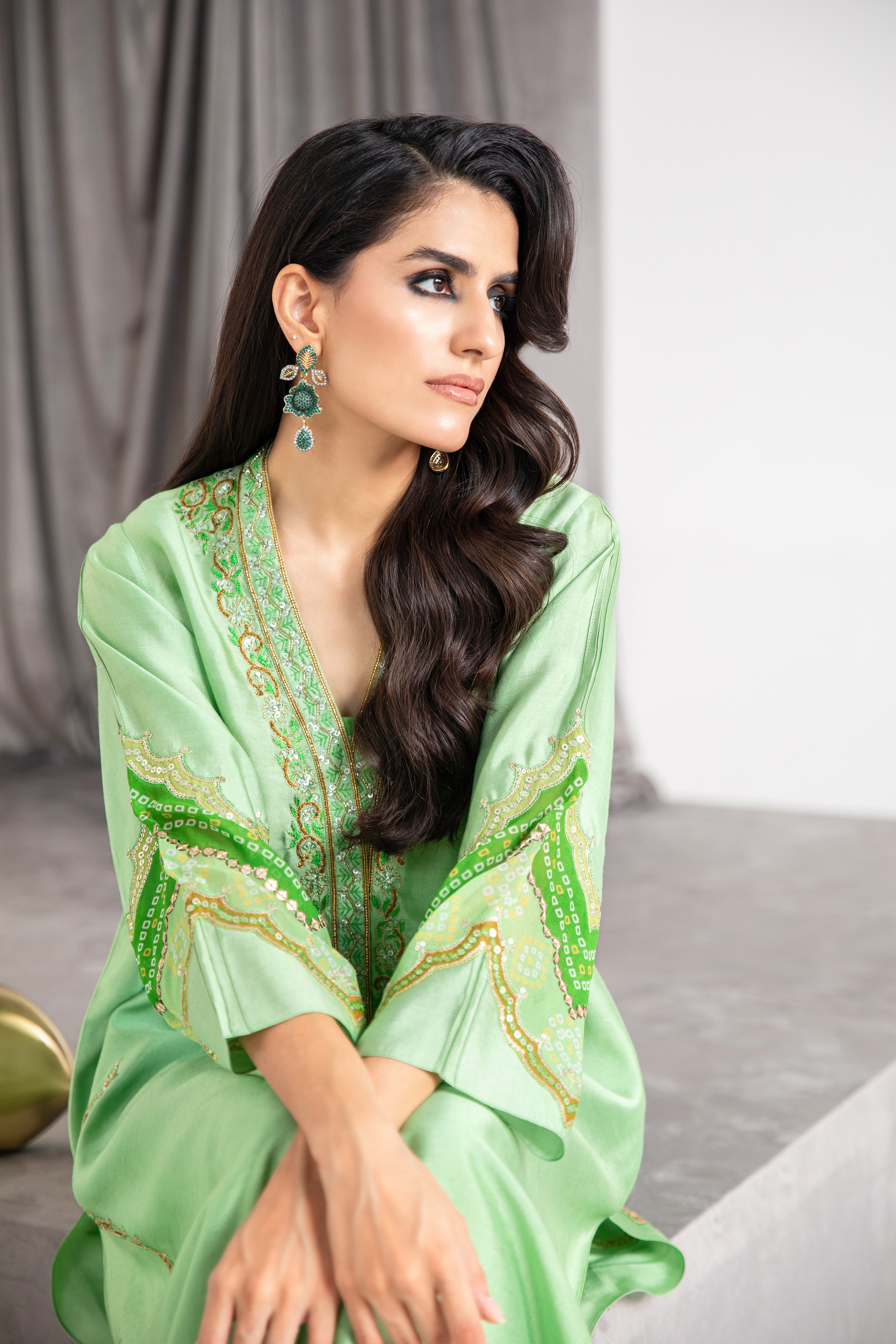 Pakistani Soft Green Embroidered Khadi Silk Tunic Set (2-Piece) - Image 3