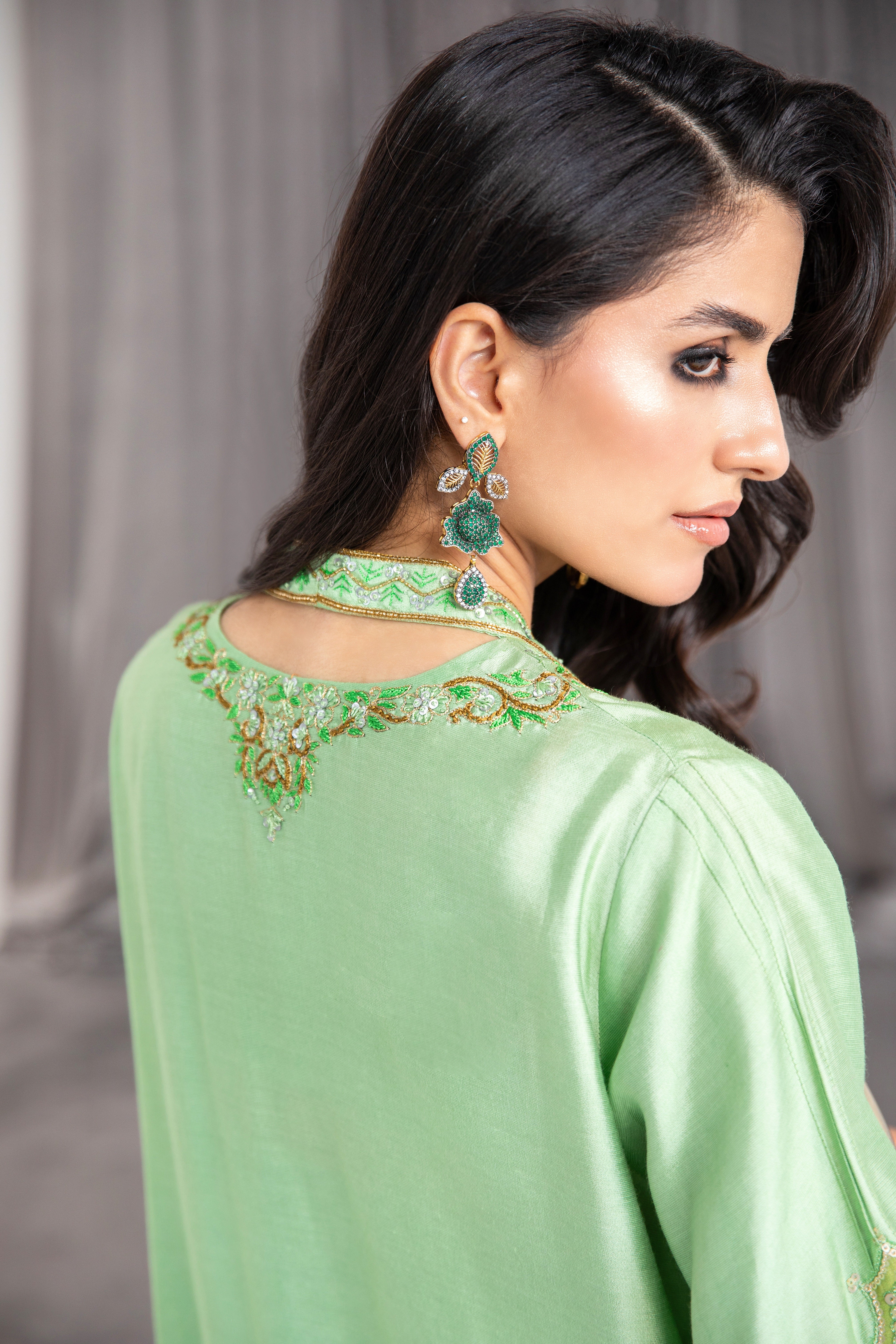 Pakistani Soft Green Embroidered Khadi Silk Tunic Set (2-Piece) - Image 5