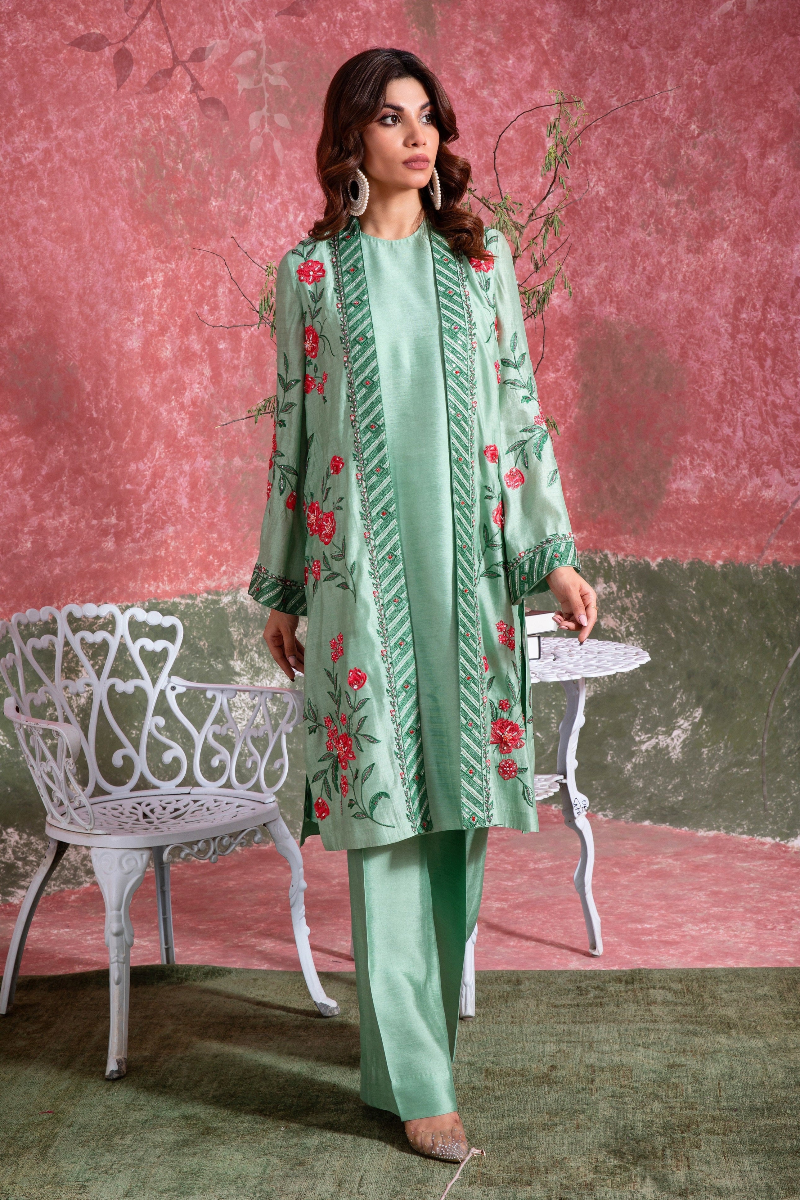 Pakistani Sea Green Embroidered Khadi Silk Organza Duster Jacket (3-Piece) - Image 1
