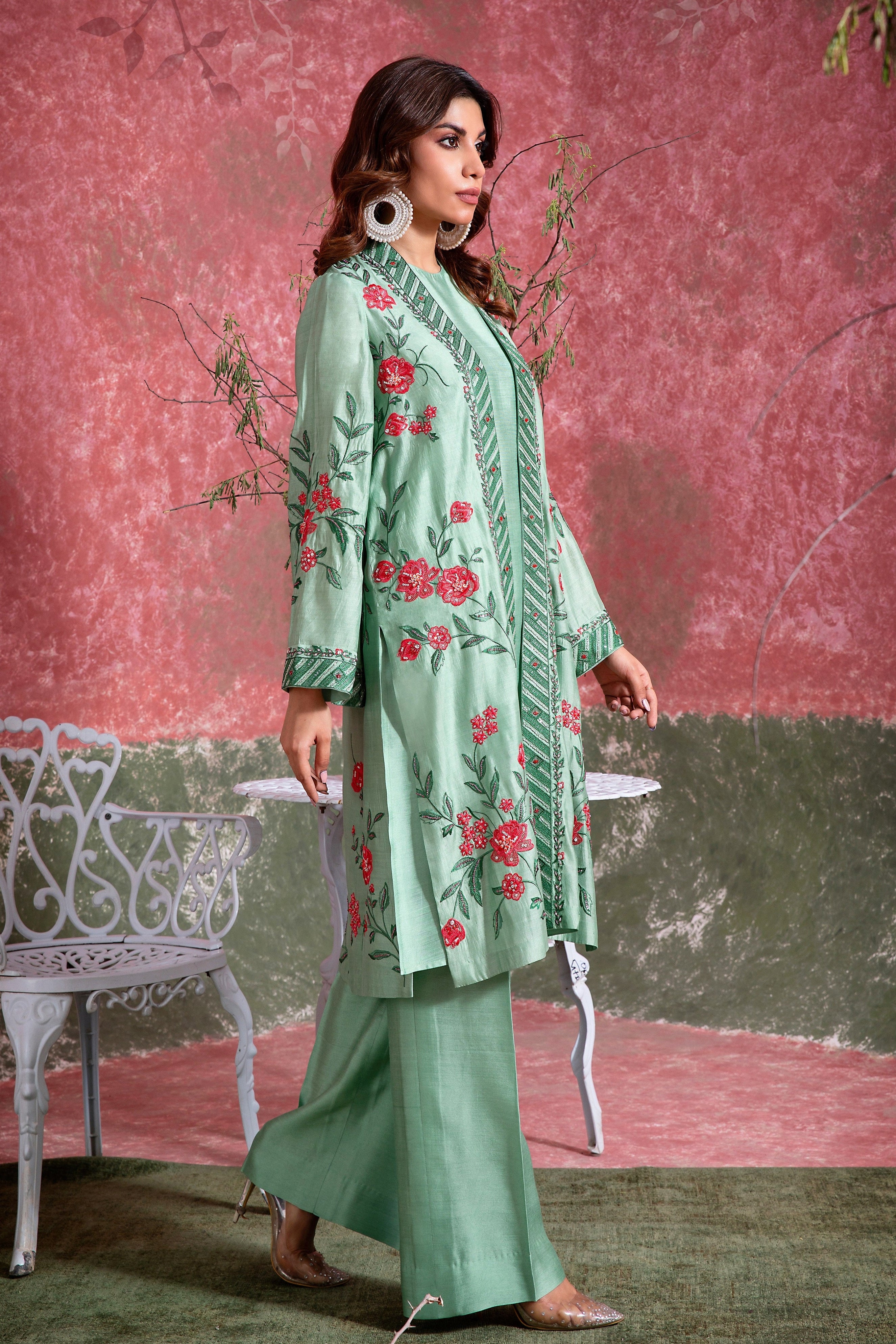 Pakistani Sea Green Embroidered Khadi Silk Organza Duster Jacket (3-Piece) - Image 2