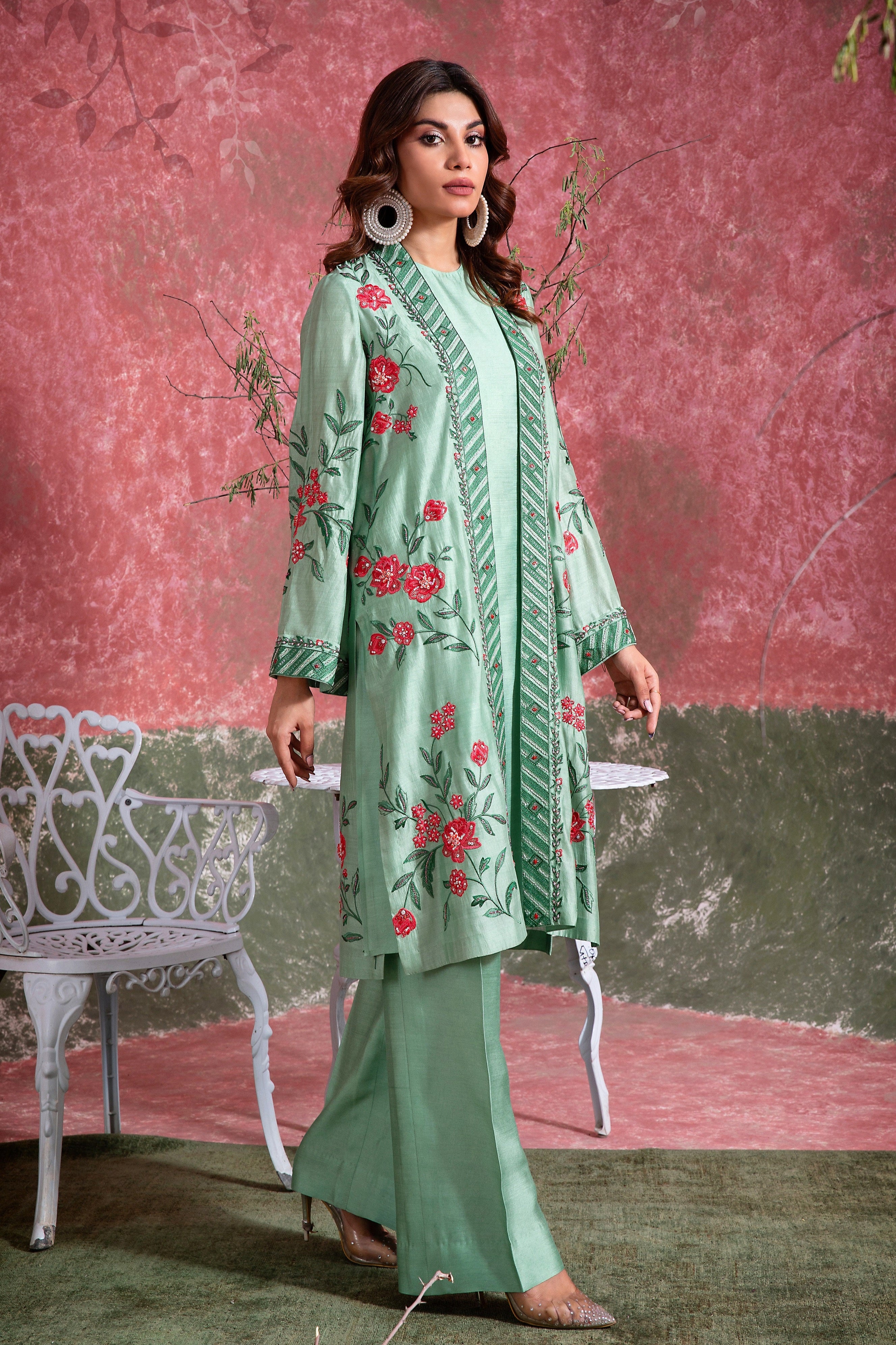 Pakistani Sea Green Embroidered Khadi Silk Organza Duster Jacket (3-Piece) - Image 3