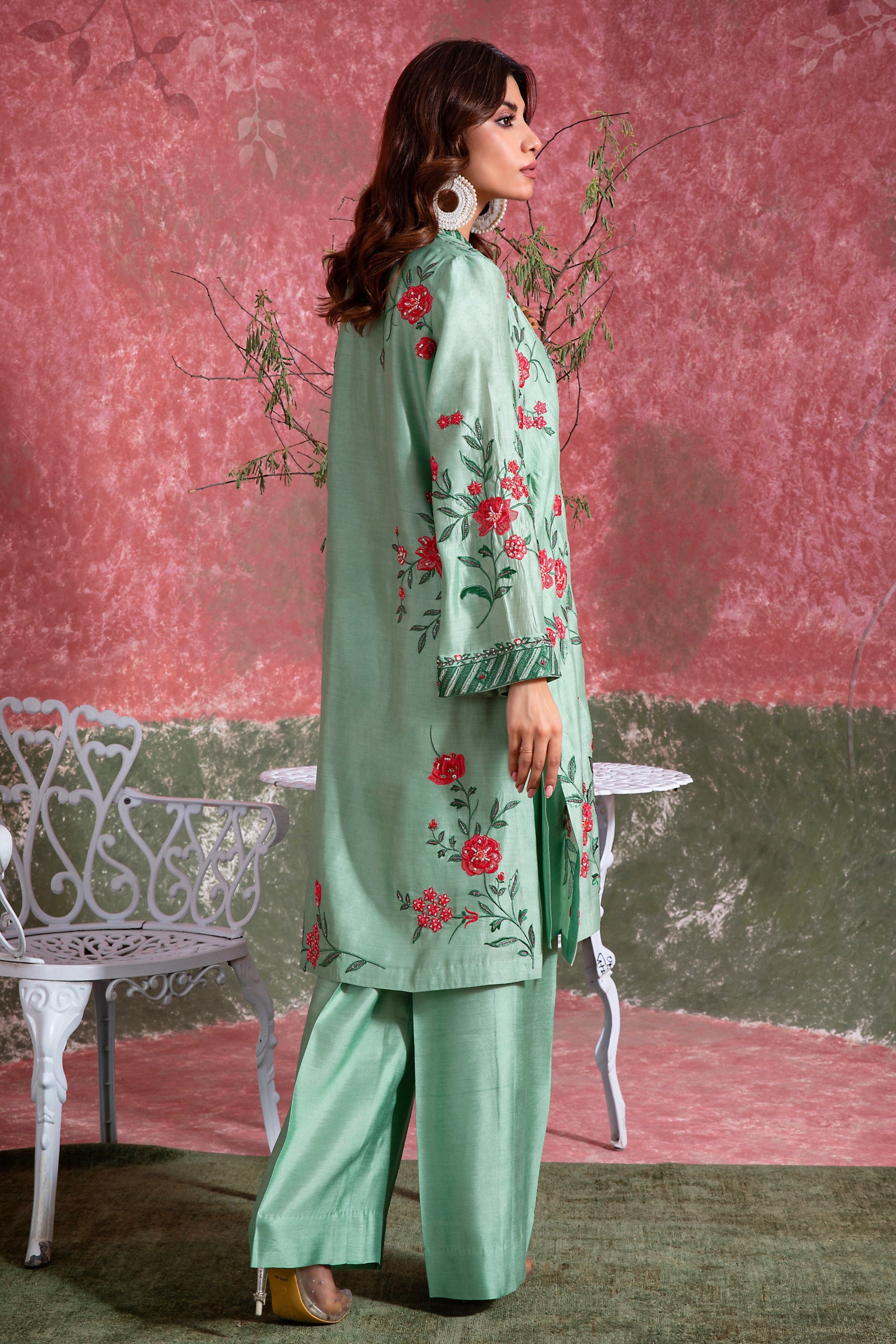 Pakistani Sea Green Embroidered Khadi Silk Organza Duster Jacket (3-Piece) - Image 4