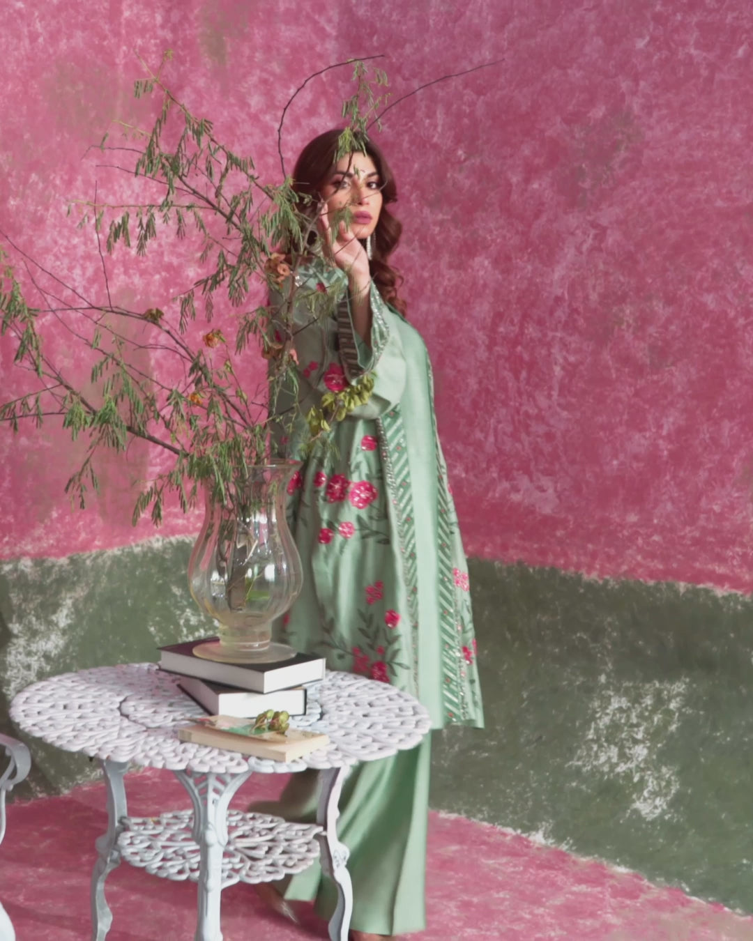 Pakistani Sea Green Embroidered Khadi Silk Organza Duster Jacket (3-Piece) - Image 5