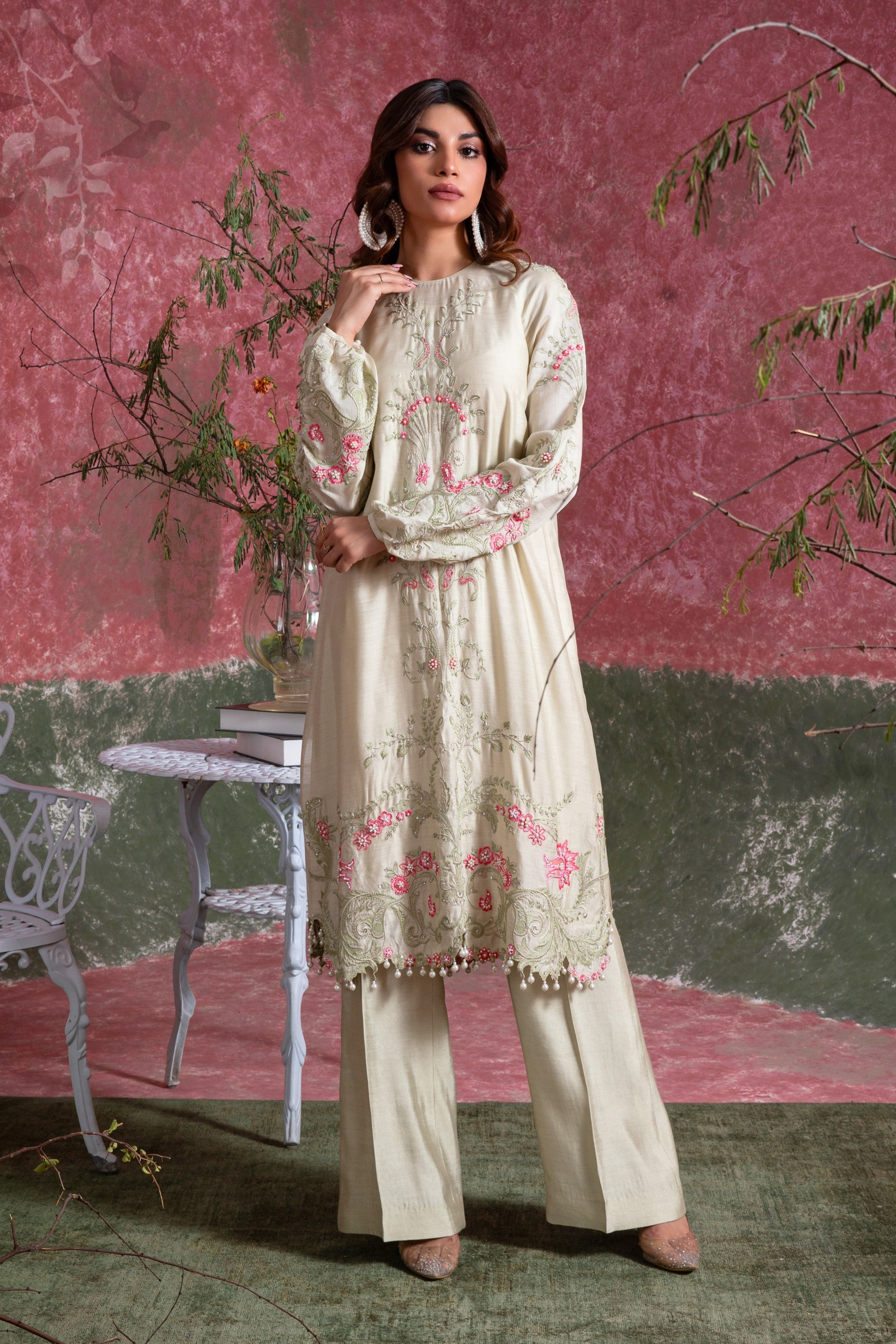 Meadow Mist Green Embroidered Khadi Silk Salwar Kameez (2-Piece) - Image 1
