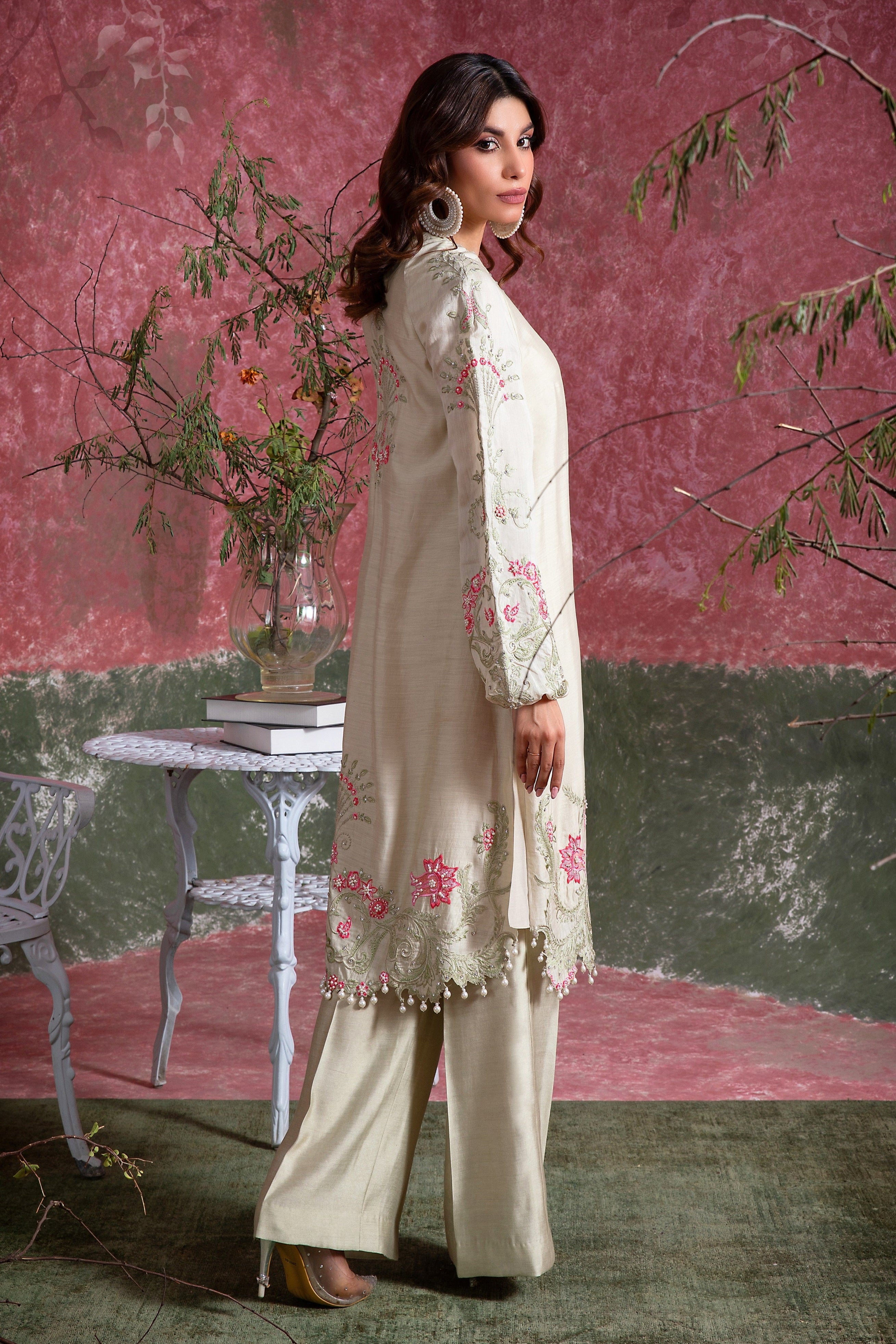 Meadow Mist Green Embroidered Khadi Silk Salwar Kameez (2-Piece) - Image 2